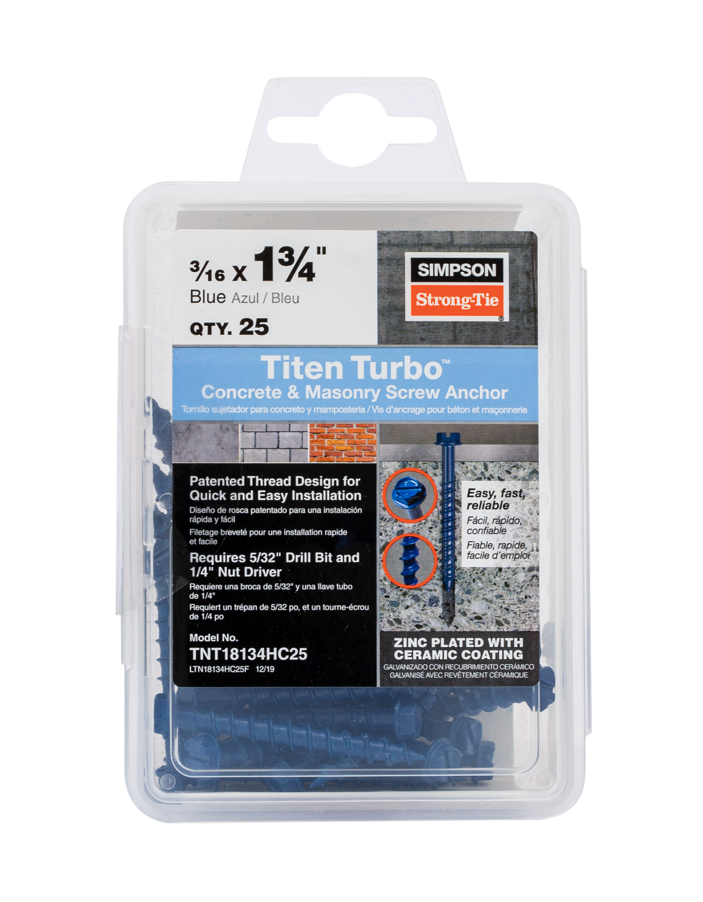 Simpson Strong-Tie TNT18134H Titen Turbo™ — 3/16 in. x 1-3/4 in. Hex-Head Concrete and Masonry Screw, Blue (100-Qty) (Pack of 5)