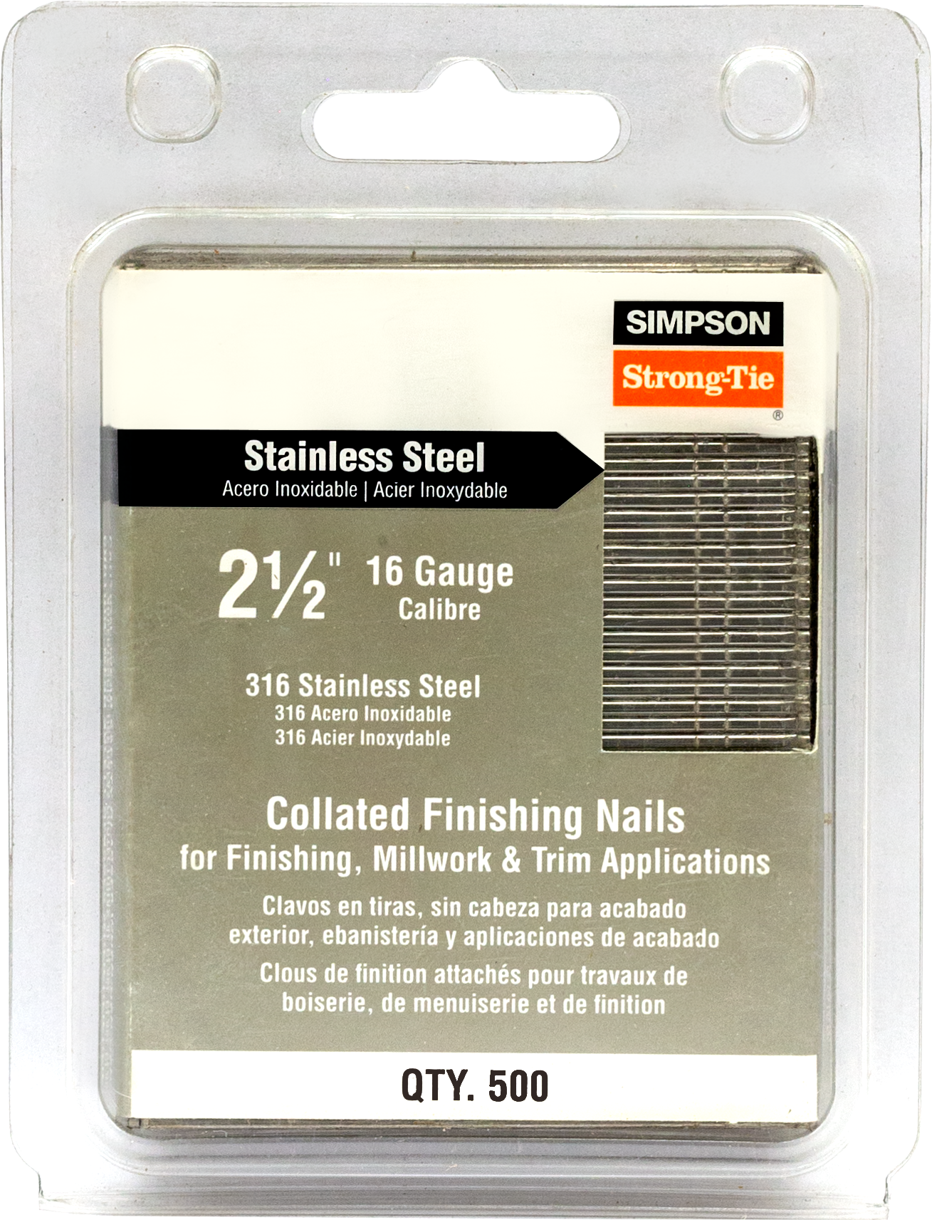 Simpson Strong-Tie T16N250FNB Straight, Adhesive Collation, T-Style Head, 16-Gauge Finishing Nail — 2-1/2 in. Type 316 (500-Qty) (Pack of 5)