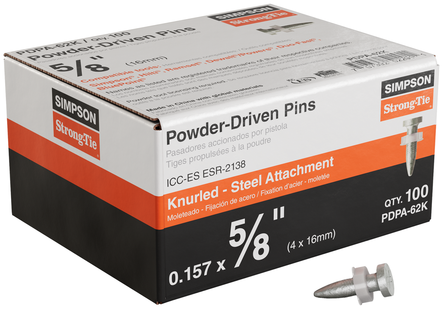 Simpson Strong-Tie PDPA-62K PDPA .157 in. x 5/8 in. Powder-Actuated Knurled Drive Pin (100-Qty)