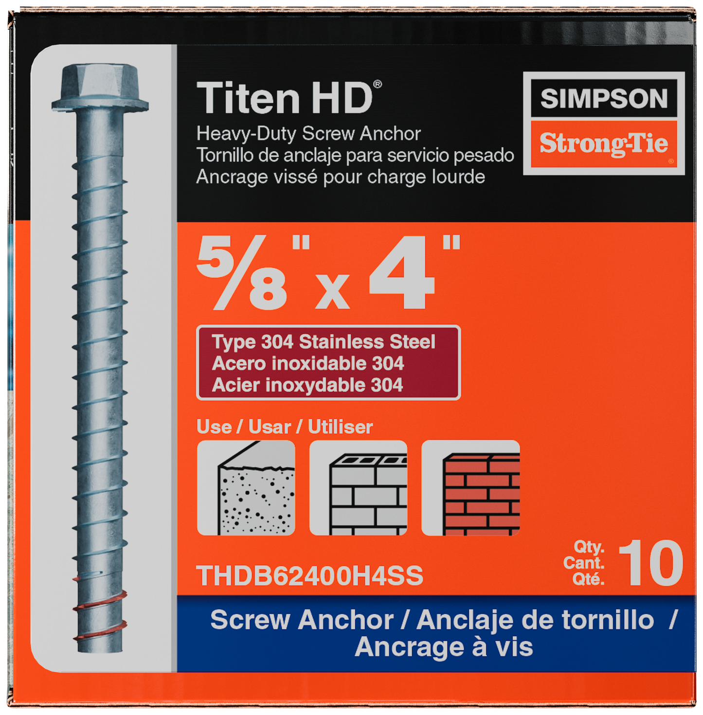 Simpson Strong-Tie THDB62400H4SS Titen HD® 5/8 in. x 4 in. Type 304 Stainless Steel Heavy-Duty Screw Anchor (10-Qty) (Pack of 360)