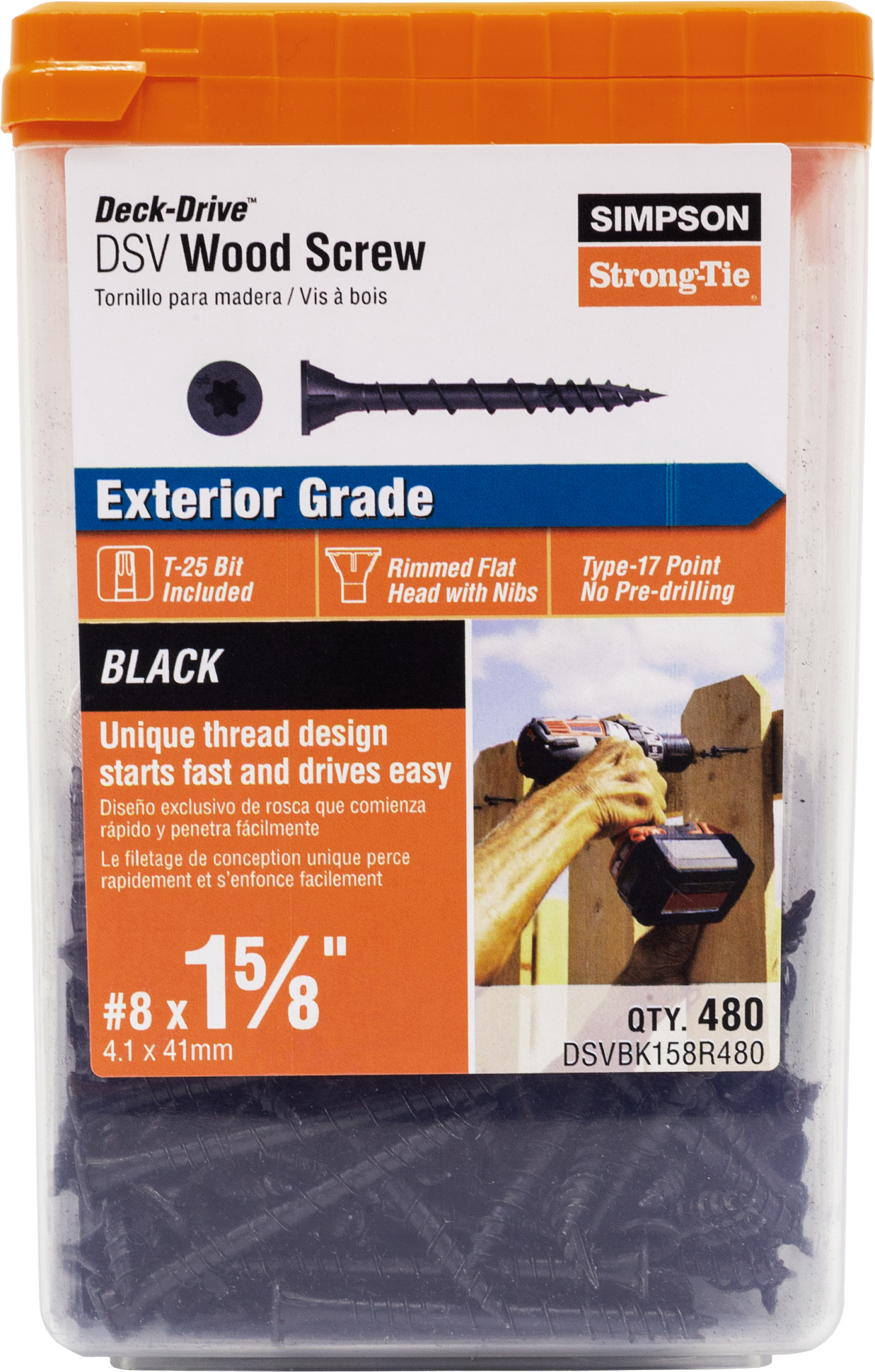 Simpson Strong-Tie DSVBK158R480 Deck-Drive™ DSV WOOD Screw — #8 x 1-5/8 in. T25, Flat Head, Quik Guard®, Black (480-Qty) (Pack of 3)