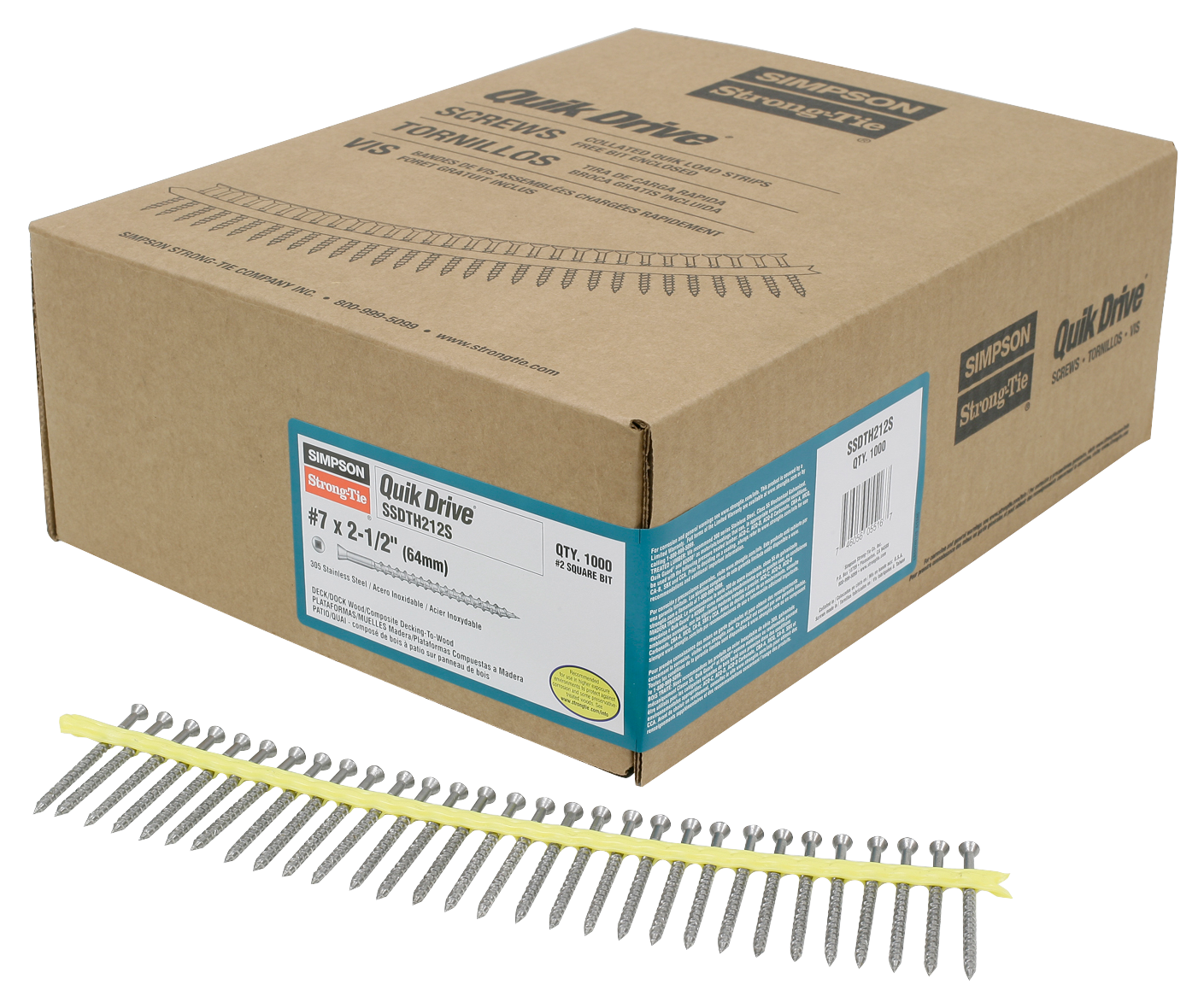 Simpson Strong-Tie SSDTH212S Trim-Head Screw — Sharp Point (Collated) — #7 x 3 in. #2 SQ Type 305 (1000-Qty) (Pack of 100)