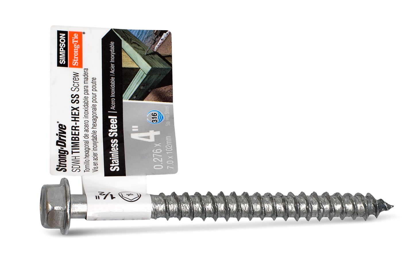 Simpson Strong-Tie SDWH27400SS-RP1 Strong-Drive® SDWH™ TIMBER-HEX SS Screw — 0.275 in. x 4 in. 1/2 Hex, Type 316 (Pack of 50)