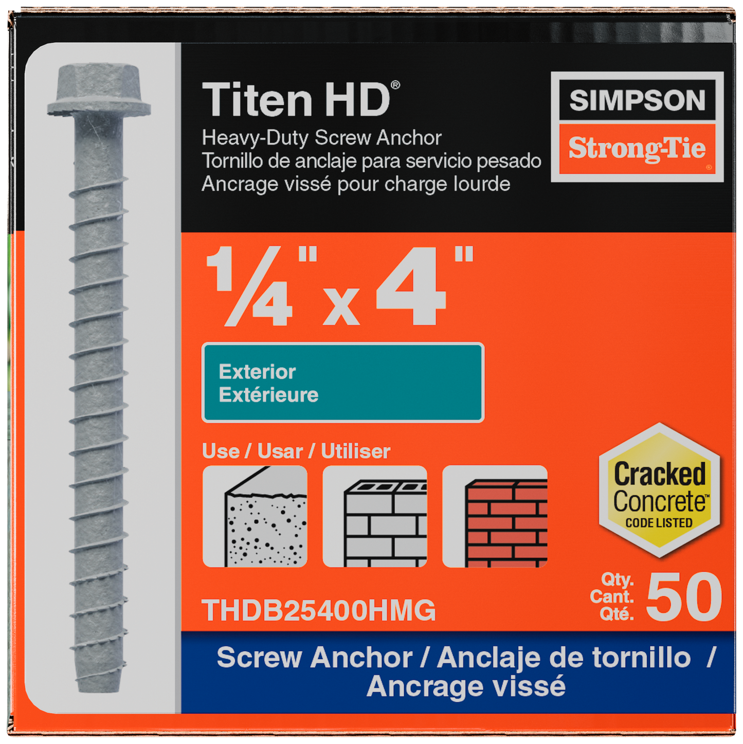 Simpson Strong-Tie THDB25400HMG Titen HD® 1/4 in. x 4 in. Mechanically Galvanized Heavy-Duty Screw Anchor (50-Qty)