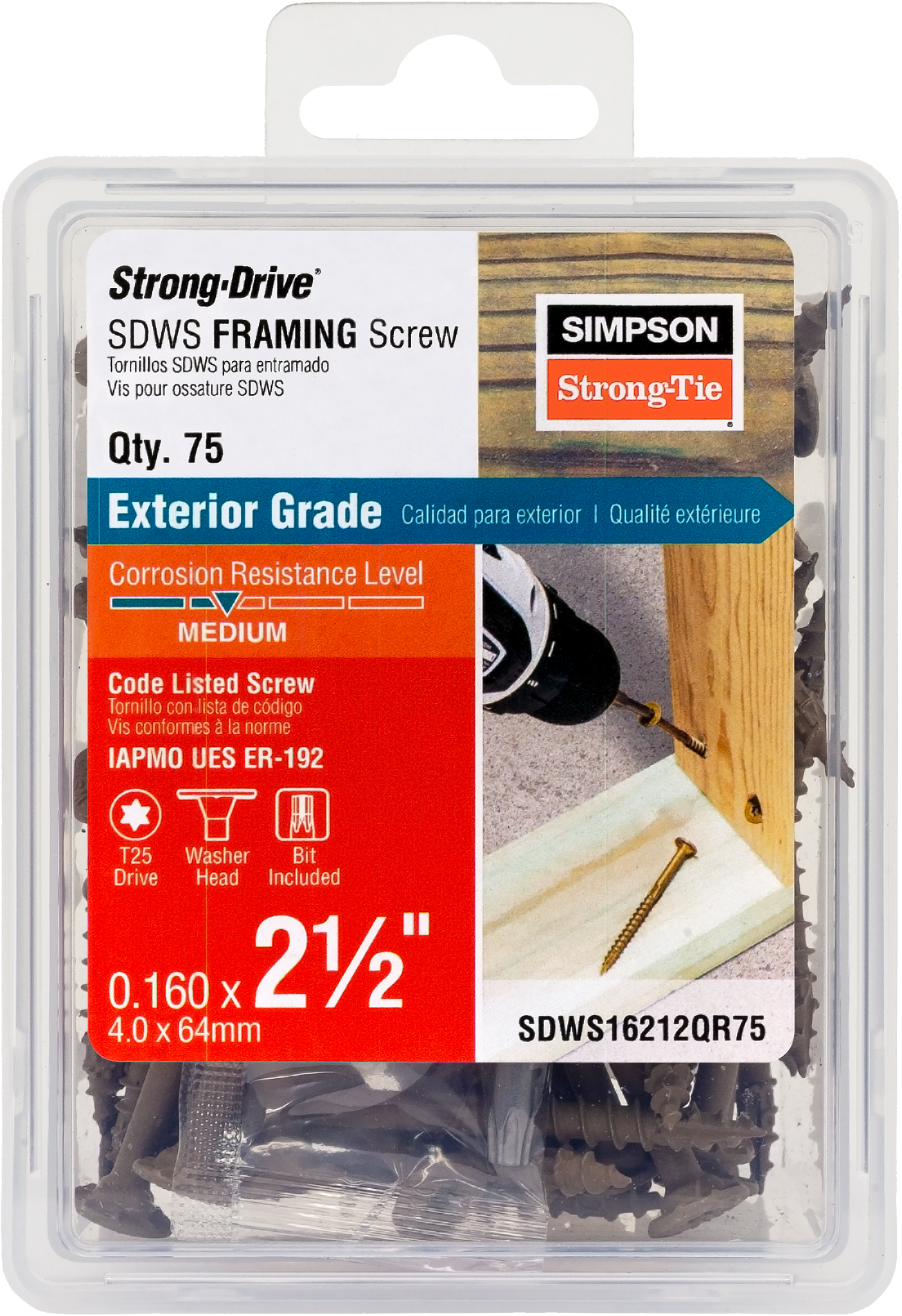 Simpson Strong-Tie SDWS16212QR75 Strong-Drive® SDWS™ FRAMING Screw — 0.160 in. x 2-1/2 in. T25, Quik Guard®, Tan (75-Qty)