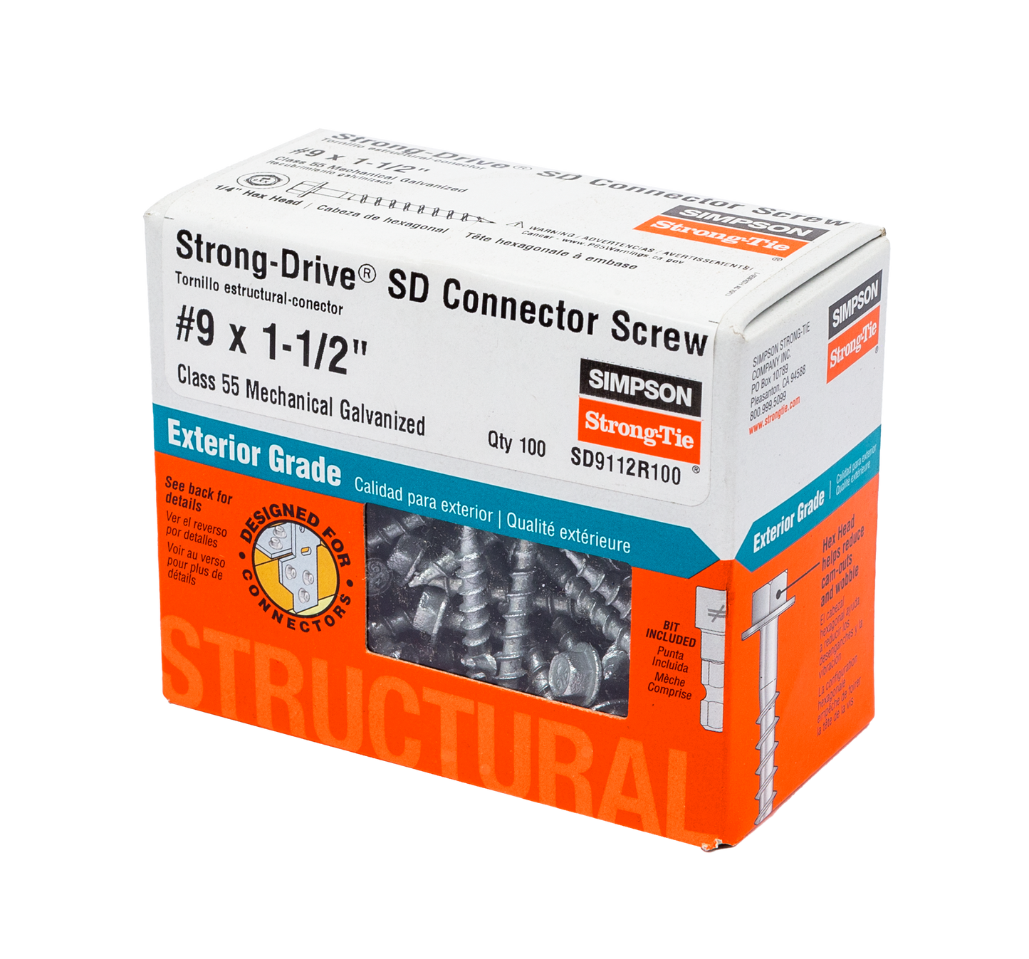 Simpson Strong-Tie SD9112R100 Strong-Drive® SD CONNECTOR Screw — #9 x 1-1/2 in. 1/4-Hex Drive, Mech. Galv. (100-Qty) (Pack of 10)