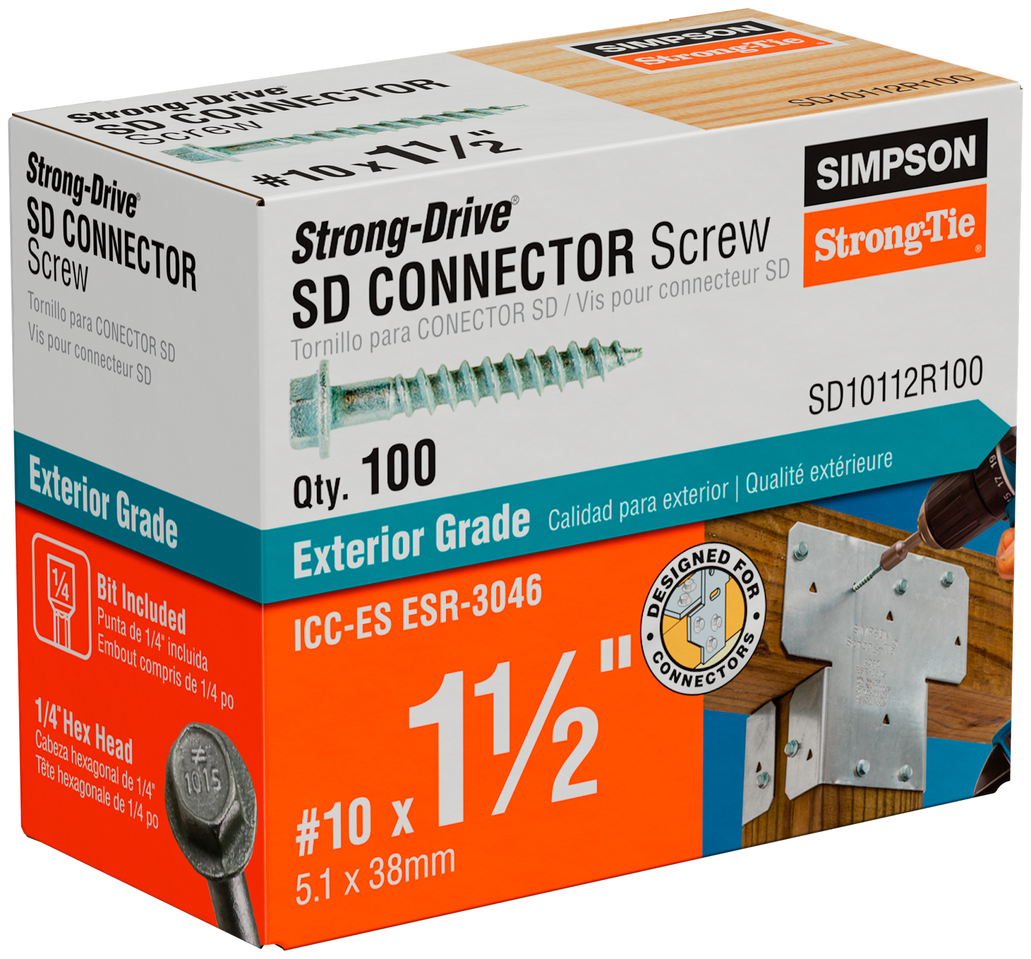 Simpson Strong-Tie SD10112R100 Strong-Drive® SD CONNECTOR Screw — #10 x 1-1/2 in. 1/4-Hex Drive, Mech. Galv. (100-Qty) (Pack of 10)