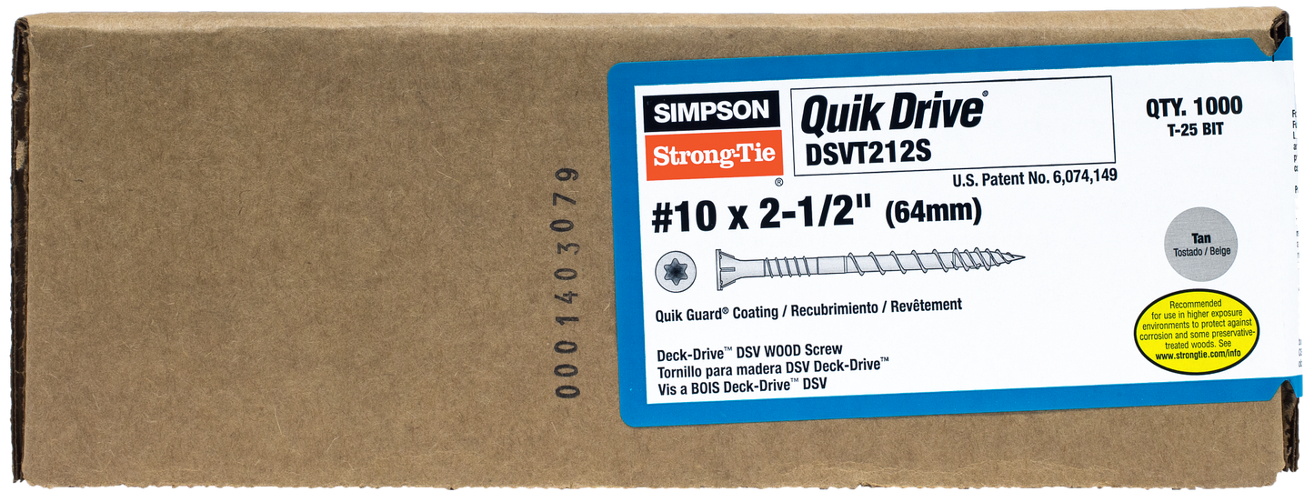 Simpson Strong-Tie DSVT212S Deck-Drive™ DSV WOOD Screw (Collated) — #10 x 2-1/2 in. T25 6-Lobe, Tan (1000-Qty)