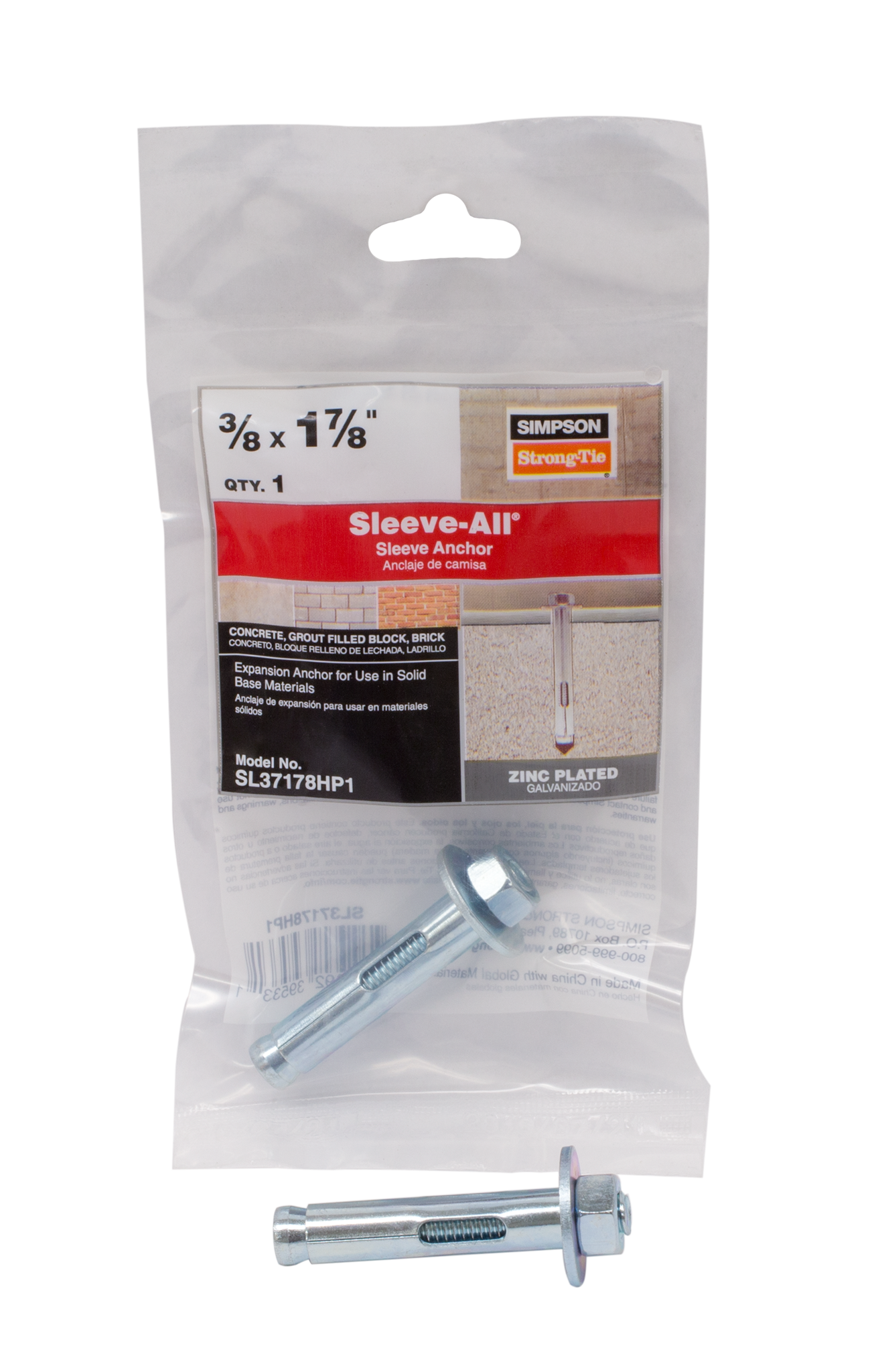 Simpson Strong-Tie SL37178HP1 Sleeve-All® 3/8 in. x 1-7/8 in. Hex-Head Sleeve Anchor