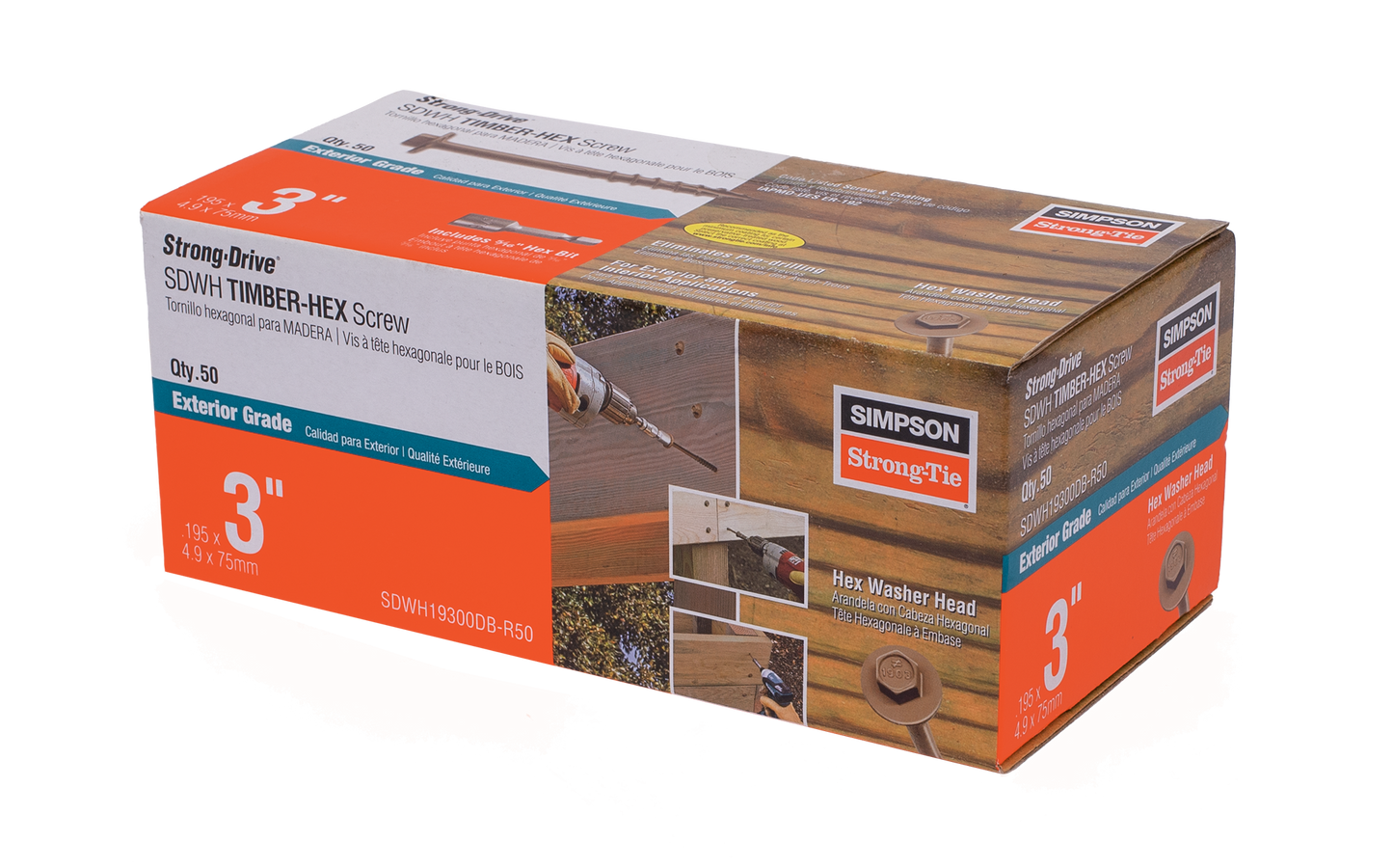 Simpson Strong-Tie SDWH19300DB-R50 Strong-Drive® SDWH™ TIMBER-HEX Screw — 0.195 in. x 3 in. 5/16 Hex, DB Coating (50-Qty) (Pack of 6)