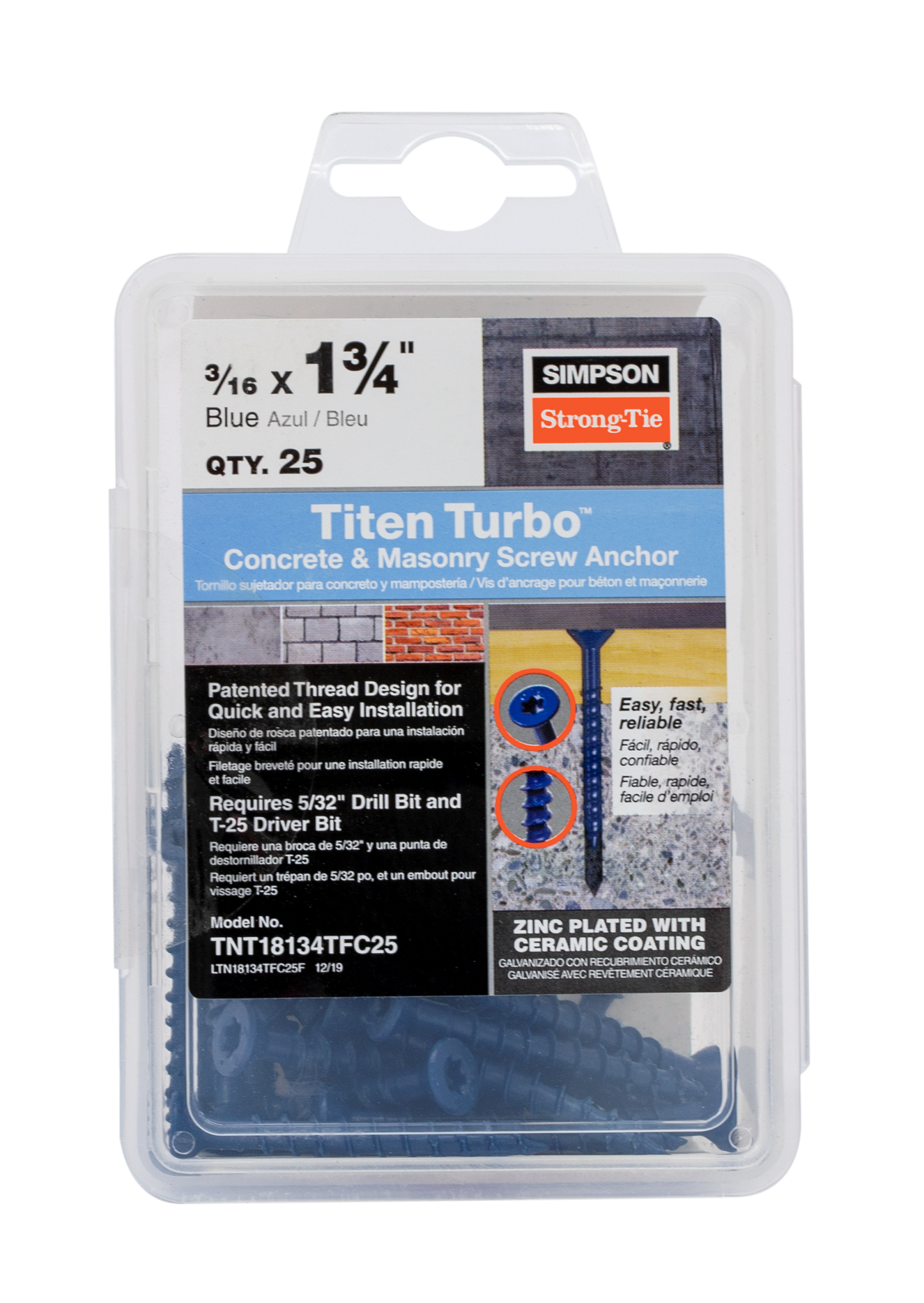 Simpson Strong-Tie TNT18134TFC25 Titen Turbo™ — 3/16 in. x 1-3/4 in. 6-Lobe Flat-Head Concrete and Masonry Screw, Blue (25-Qty) (Pack of 5)