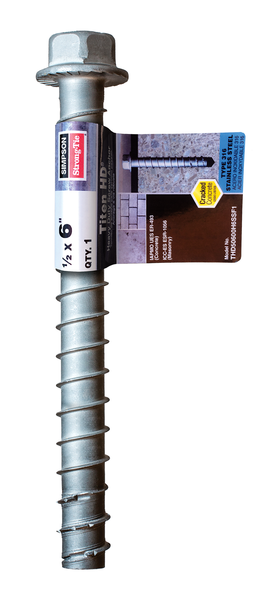 Simpson Strong-Tie THD50600H6SSF1 Titen HD® 1/2 in. x 6 in. Type 316 Stainless-Steel Heavy-Duty Screw Anchor (Pack of 10)