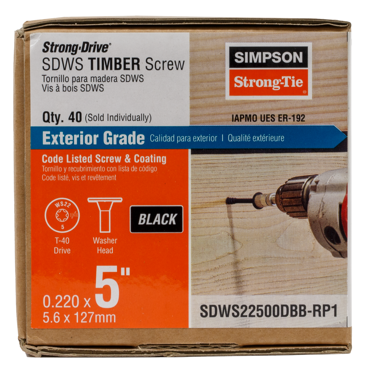 Simpson Strong-Tie SDWS22500DBB-RP1 Strong-Drive® SDWS™ TIMBER Screw (Exterior Grade) — 0.220 in. x 5 in. T40, Black