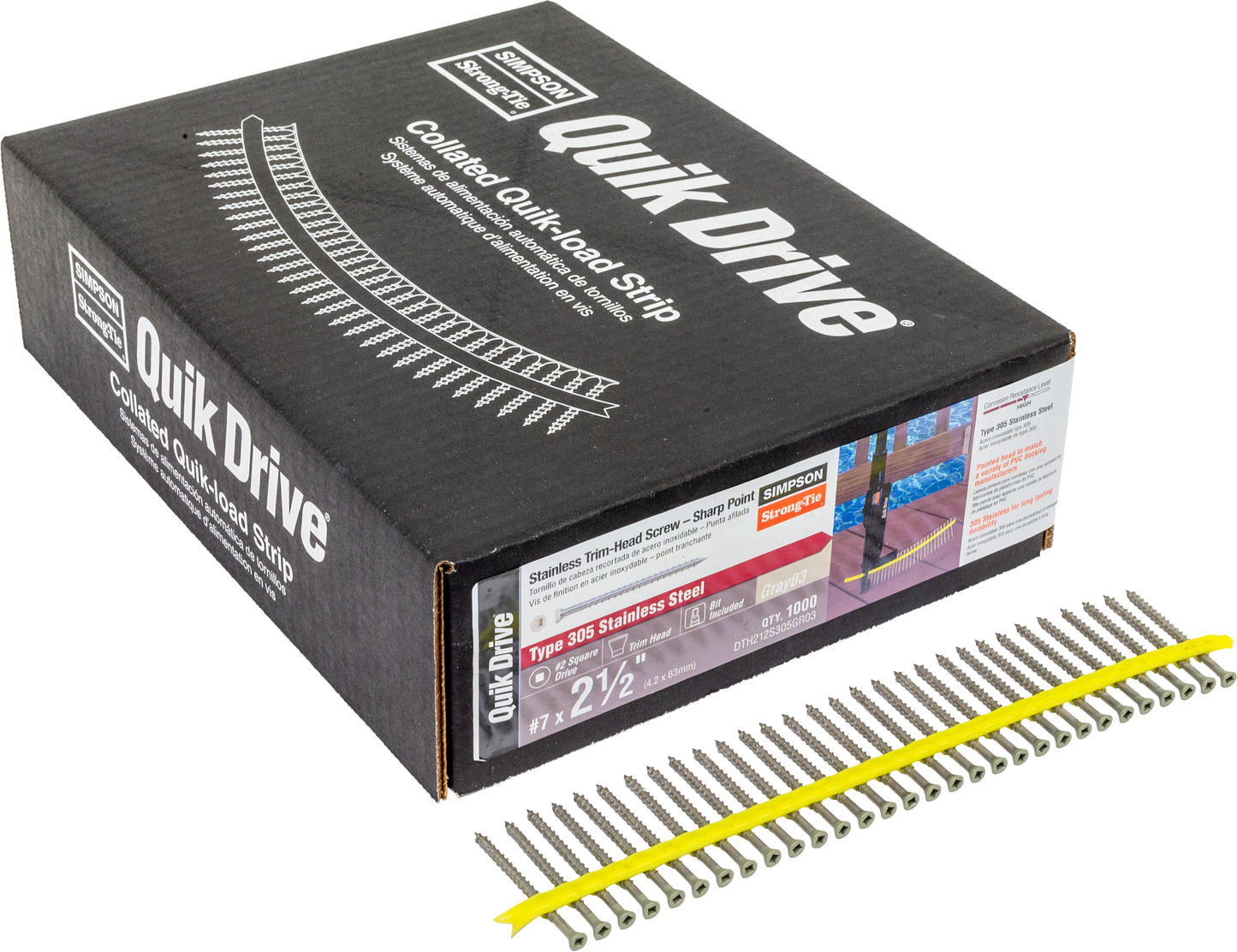 Simpson Strong-Tie DTH212S305GR03 Trim-Head Screw — Sharp Point (Collated) — #7 x 2-1/2 in. #2 Square Type 305 Gray 03 (1000-Qty) (Pack of 100)