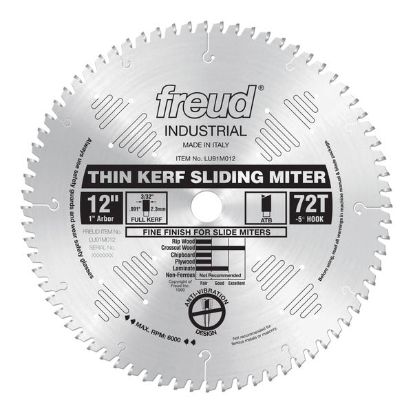 Freud 008925005469 12" x 72T Thin Kerf Sliding Compound Miter Saw Blade