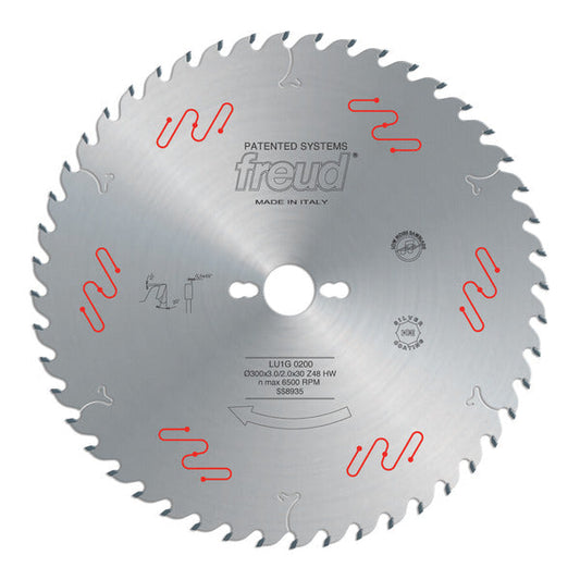 Freud 008925050773 300mm x 48T Carbide Tipped Blade for Ripping & Crosscutting, Rounded tooth on the side.