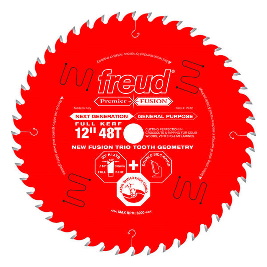 Freud 008925063896 12" x 48T Next Generation Premier Fusion General Purpose Blade for Crosscuts (3/8" to 3-1/2") & Rips (3/4" to 1-1/2") wood, laminate, veneered plywood, hardwoods & melamine.