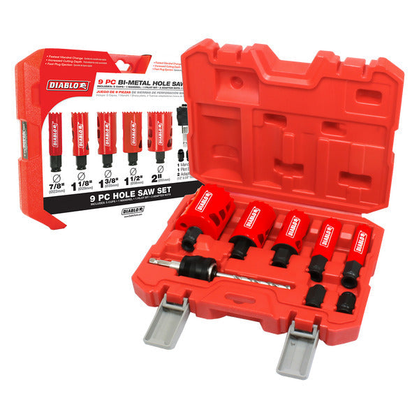 Diablo 008925136798 9 pc General Purpose Bi-Metal  Hole Saw Set (5 Hole Saws, 1 Mandril, 1 Pilot Bit, 2 Adaptor Nuts)