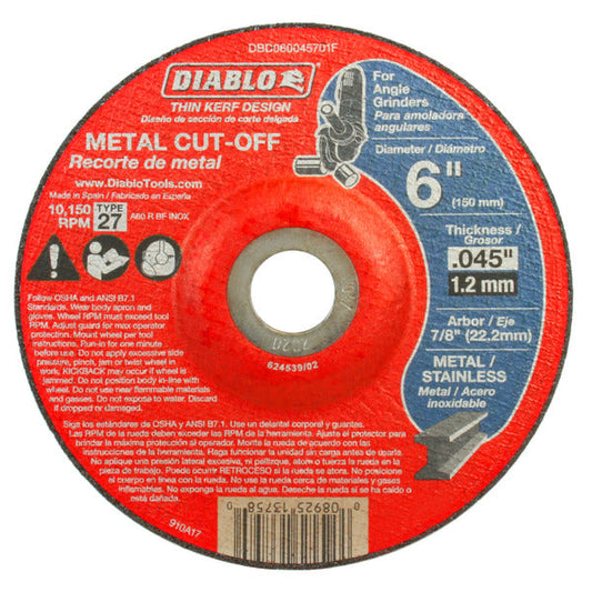 Diablo 008925137580 6"x7/8"x.045" Metal Cut Off Disc - Type 27 Thin Kerf