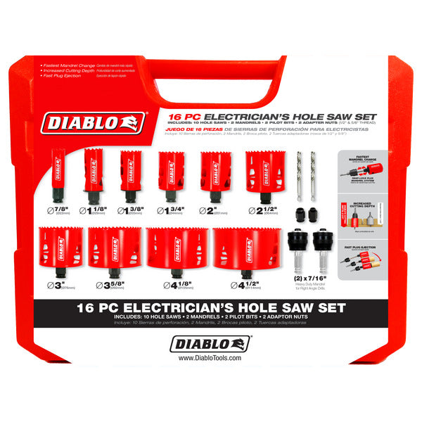 Diablo 008925138761 16 pc Electrician's Bi-Metal Hole Saw Set (10 Hole Saws, 2 Mandrils, 2 Pilot Bit, 2 Adaptor Nuts)