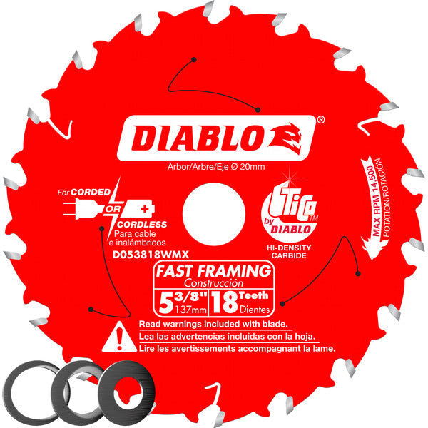 Diablo 008925143598 5-3/8 in. x 18 Tooth 20mm arbor Fast Framing Saw Blade with 3 arbor bushings