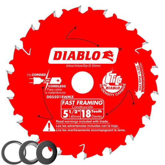 Diablo 008925143604 5-1/2 in. x 18 Tooth 20mm arbor Fast Framing Saw Blade with 3 arbor bushings