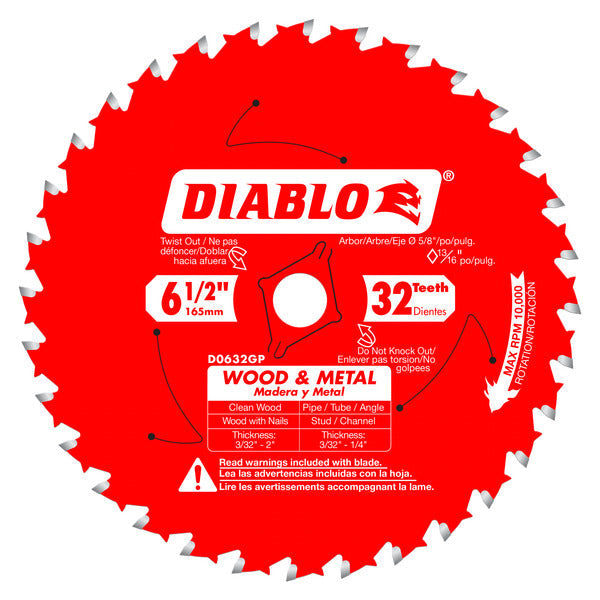 Diablo 008925143697 6-1/2 in. x 32 Tooth Specialty Wood & Metal Cutting Carbide Circular Saw Blade