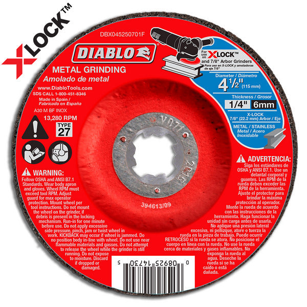 Diablo 008925147305 4-1/2 in. x 1/4 in. x 7/8 in. Type 27 Depressed Center Metal Grinding Disc for X-Lock and All Grinders