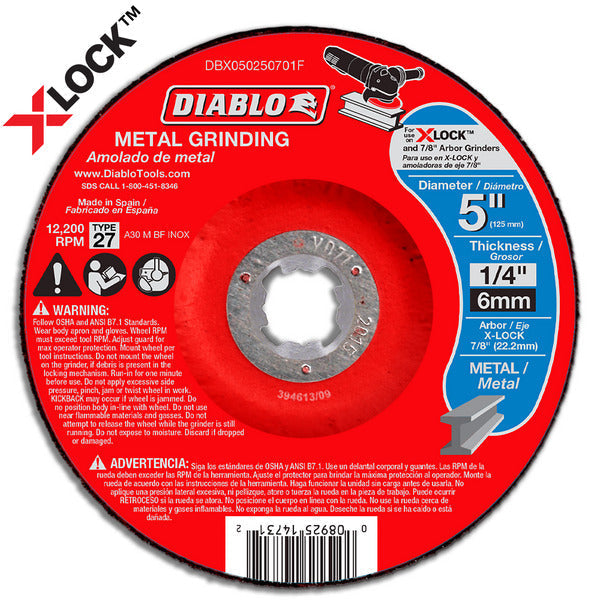 Diablo 008925147312 5 in. x 1/4 in. x 7/8 in. Type 27 Depressed Center Metal Grinding Disc for X-Lock and All Grinders