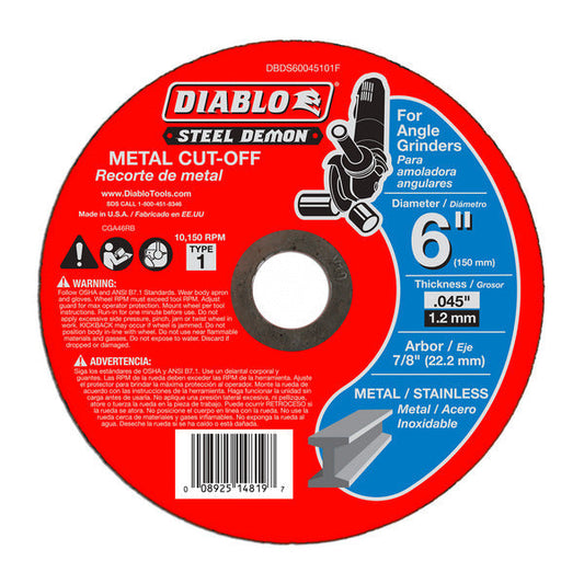 Diablo 008925148197 6" x 0.045" x 7/8" Steel Demon Metal Cut-Off Disc - Type 1