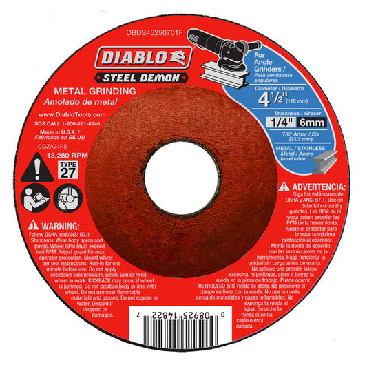 Diablo 008925148227 4-1/2" x 1/4" x 7/8" Steel Demon Metal Grinding Disc - Type 27