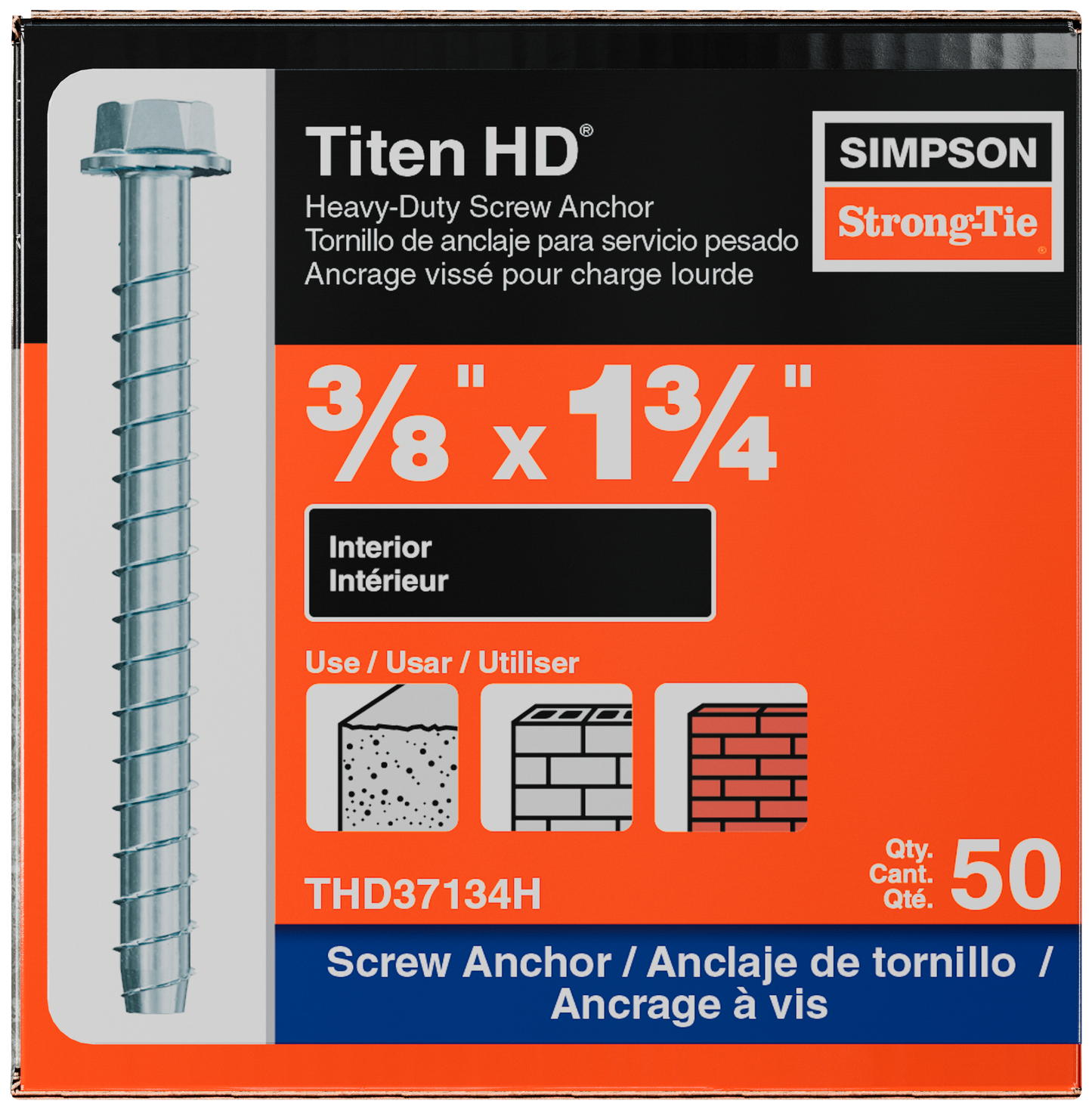 Simpson Strong-Tie THD37134H Titen HD® 3/8 in. x 1-3/4 in. Heavy-Duty Screw Anchor (50-Qty) (Pack of 490)