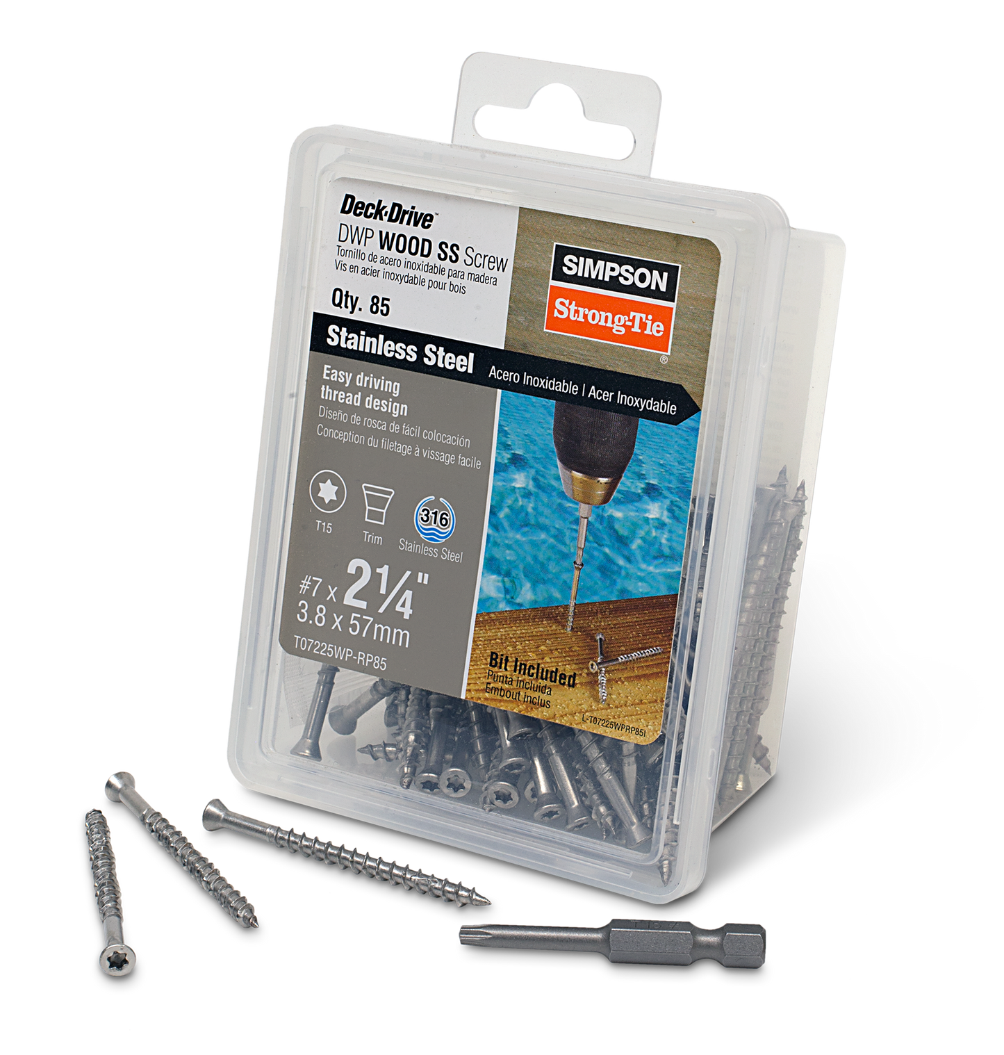 Simpson Strong-Tie T07225WP-RP85 Deck-Drive™ DWP WOOD SS Screw — #7 x 2-1/4 in. T15, Trim Head, Type 316 (85-Qty) (Pack of 600)