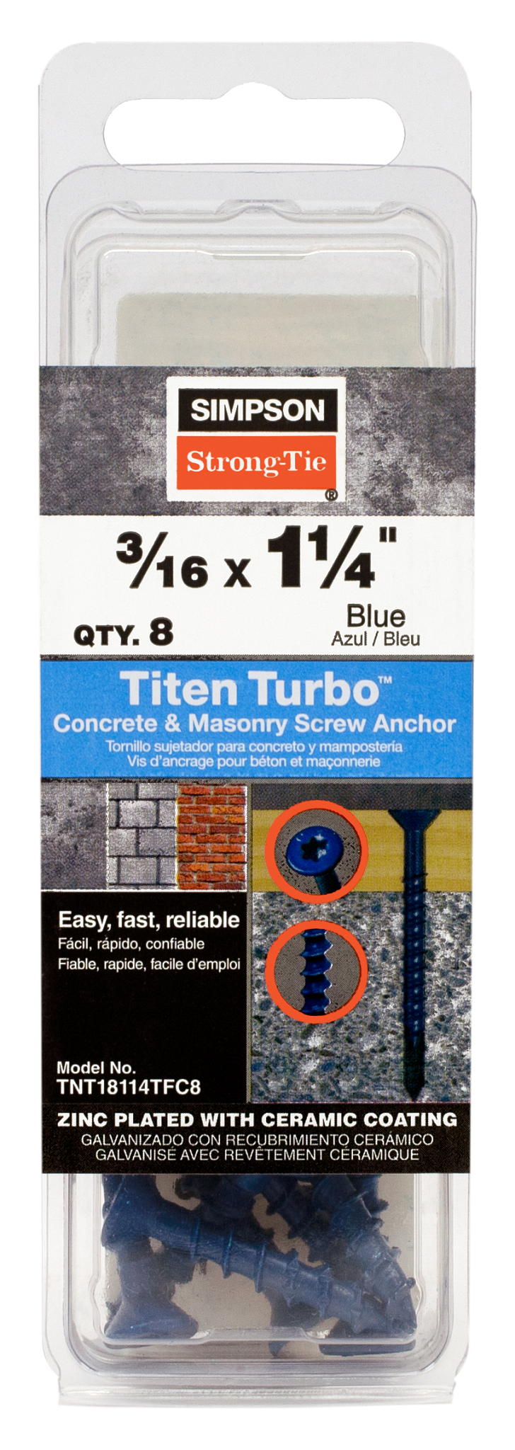 Simpson Strong-Tie TNT18114TFC8 Titen Turbo™ — 3/16 in. x 1-1/4 in. 6-Lobe Flat-Head Concrete and Masonry Screw, Blue (8-Qty) (Pack of 5)