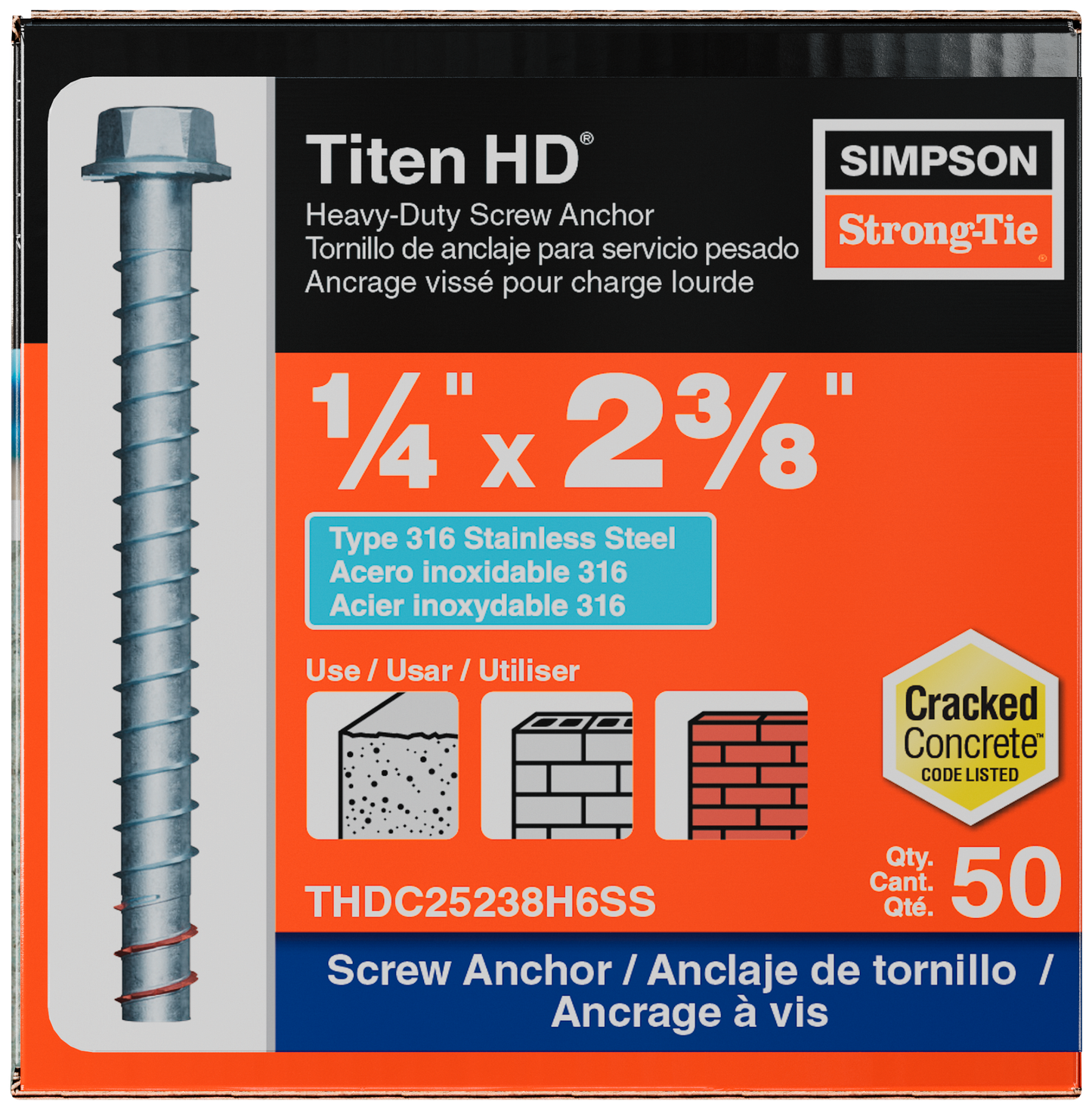 Simpson Strong-Tie THDC25238H6SS Titen HD® 1/4 in. x 2-3/8 in. Type 316 Stainless-Steel Heavy-Duty Screw Anchor (50-Qty) (Pack of 490)