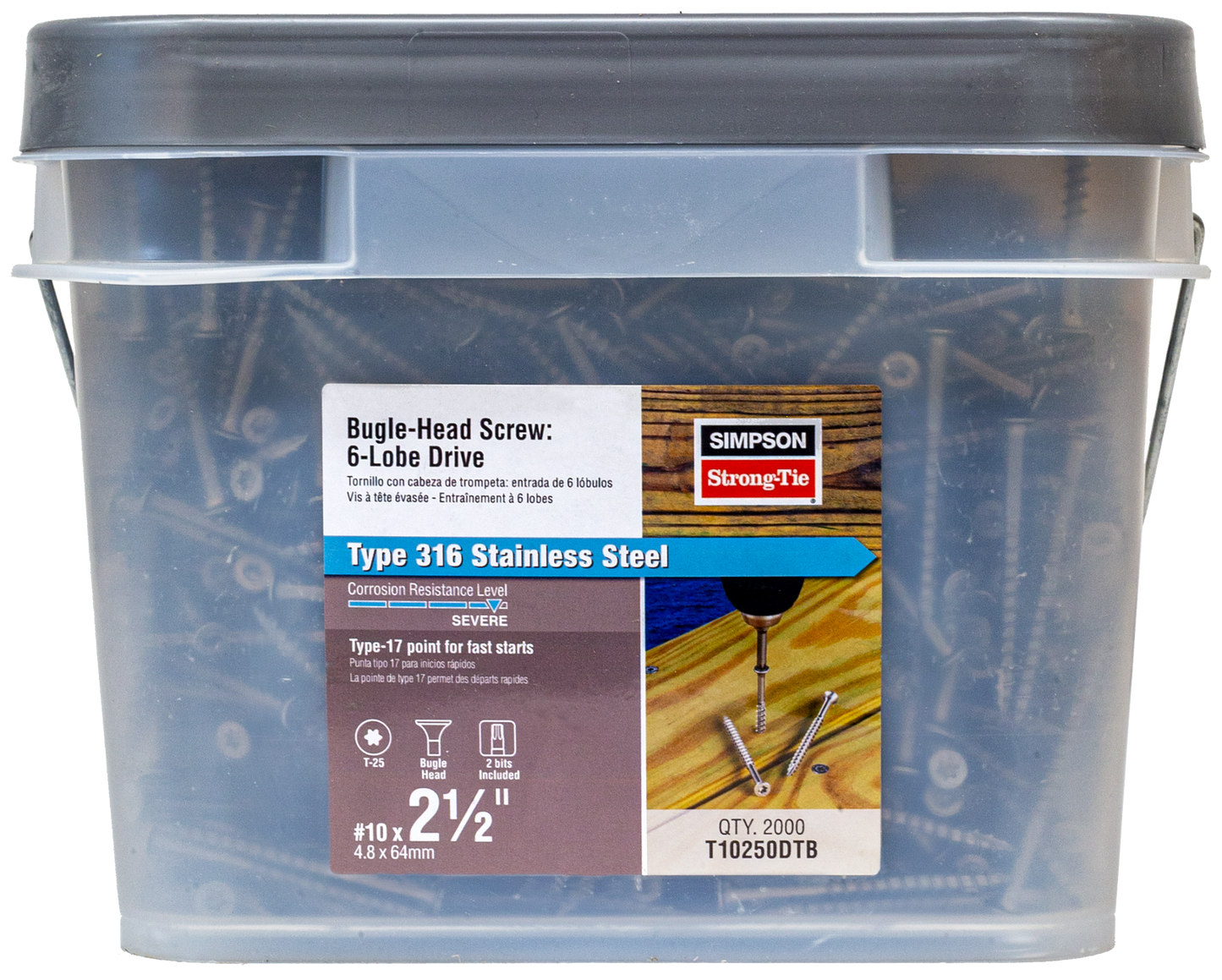 Simpson Strong-Tie T10250DTB Bugle-Head Wood Screw, 6-Lobe Drive — #10 x 2-1/2-in. T25, Type 316 (2000-Qty)