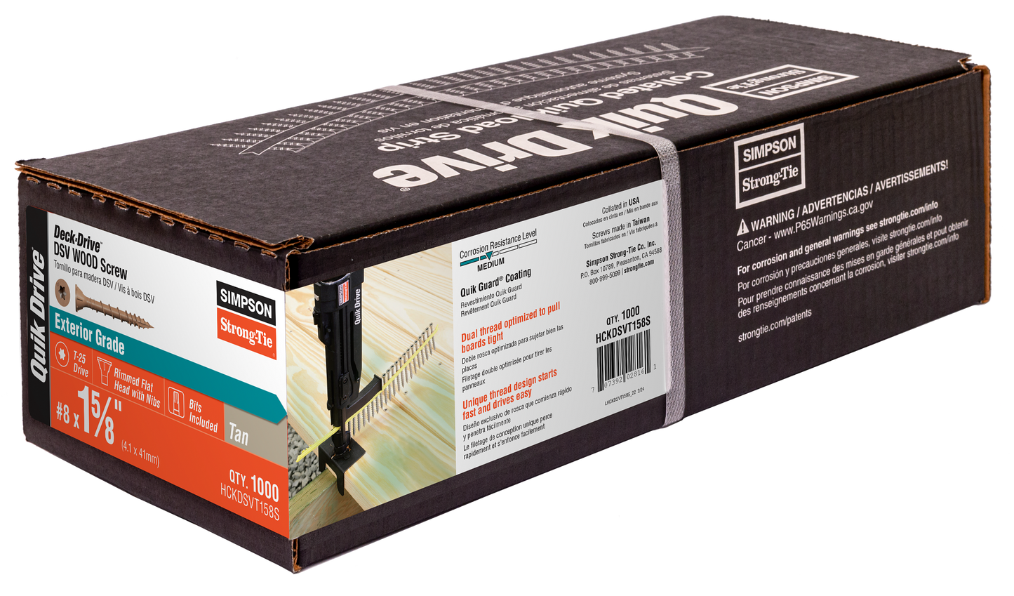 Simpson Strong-Tie HCKDSVT158S Deck-Drive™ DSV WOOD Screw (Collated) — #8 x 1-5/8 in. T25 6-Lobe, Tan (1000-Qty) (Pack of 176)