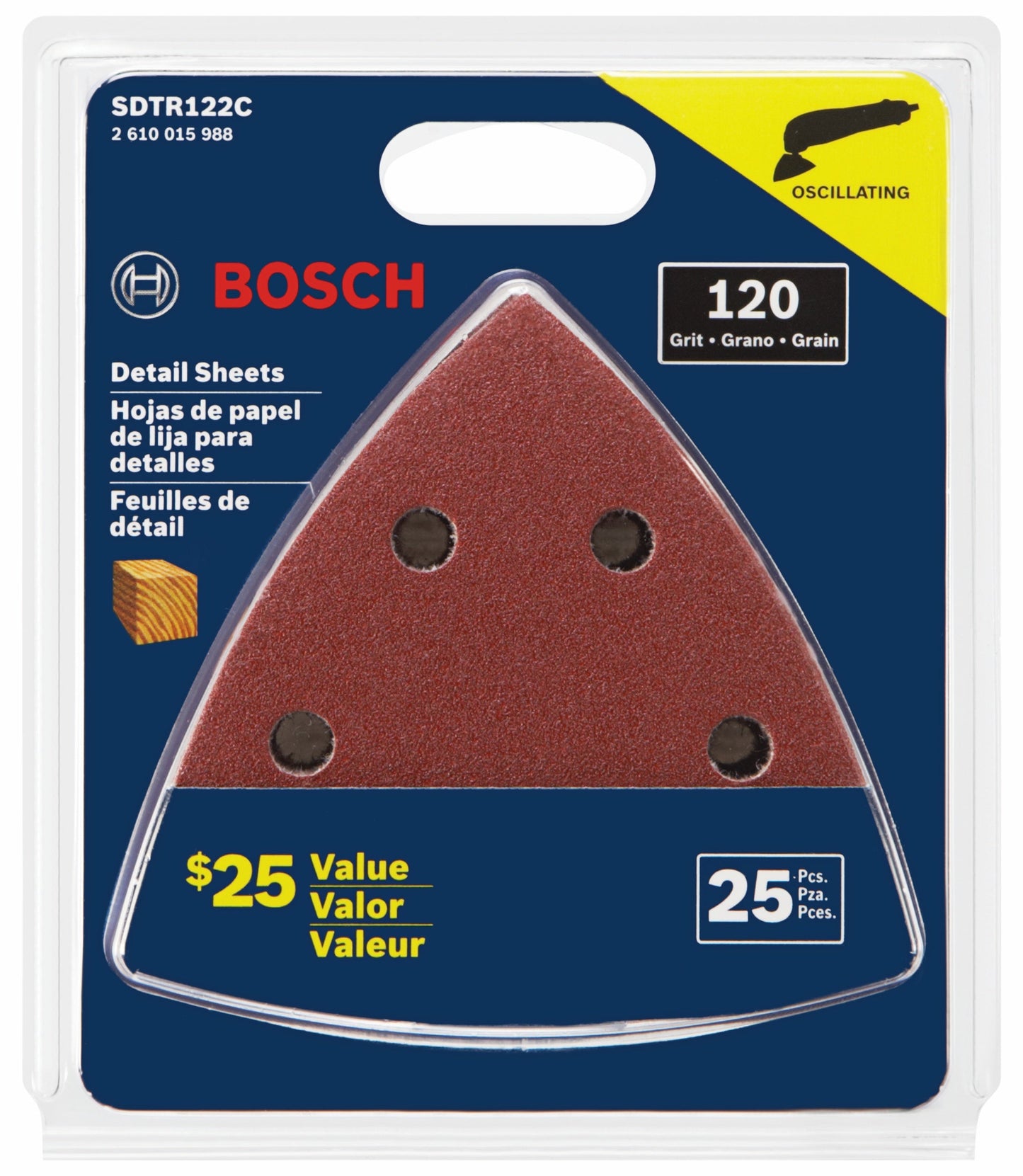 Hojas de lija para detalles BOSCH SDTR122C, 25 piezas, 3-3/4 pulg., grano 120, para madera