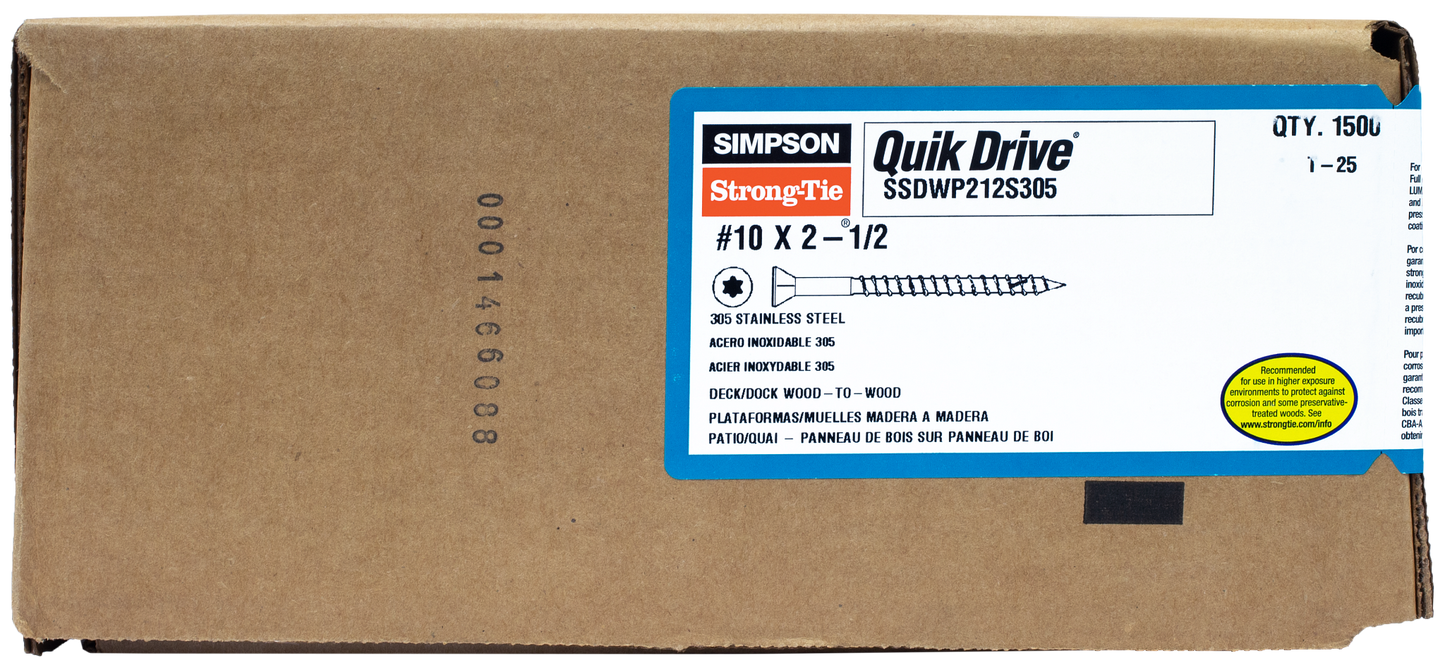 Simpson Strong-Tie SSDWP212S305 Deck-Drive™ DWP WOOD SS Screw (Collated) — #10 x 2-1/2 in. T25 6-Lobe Type 305 (1500-Qty)