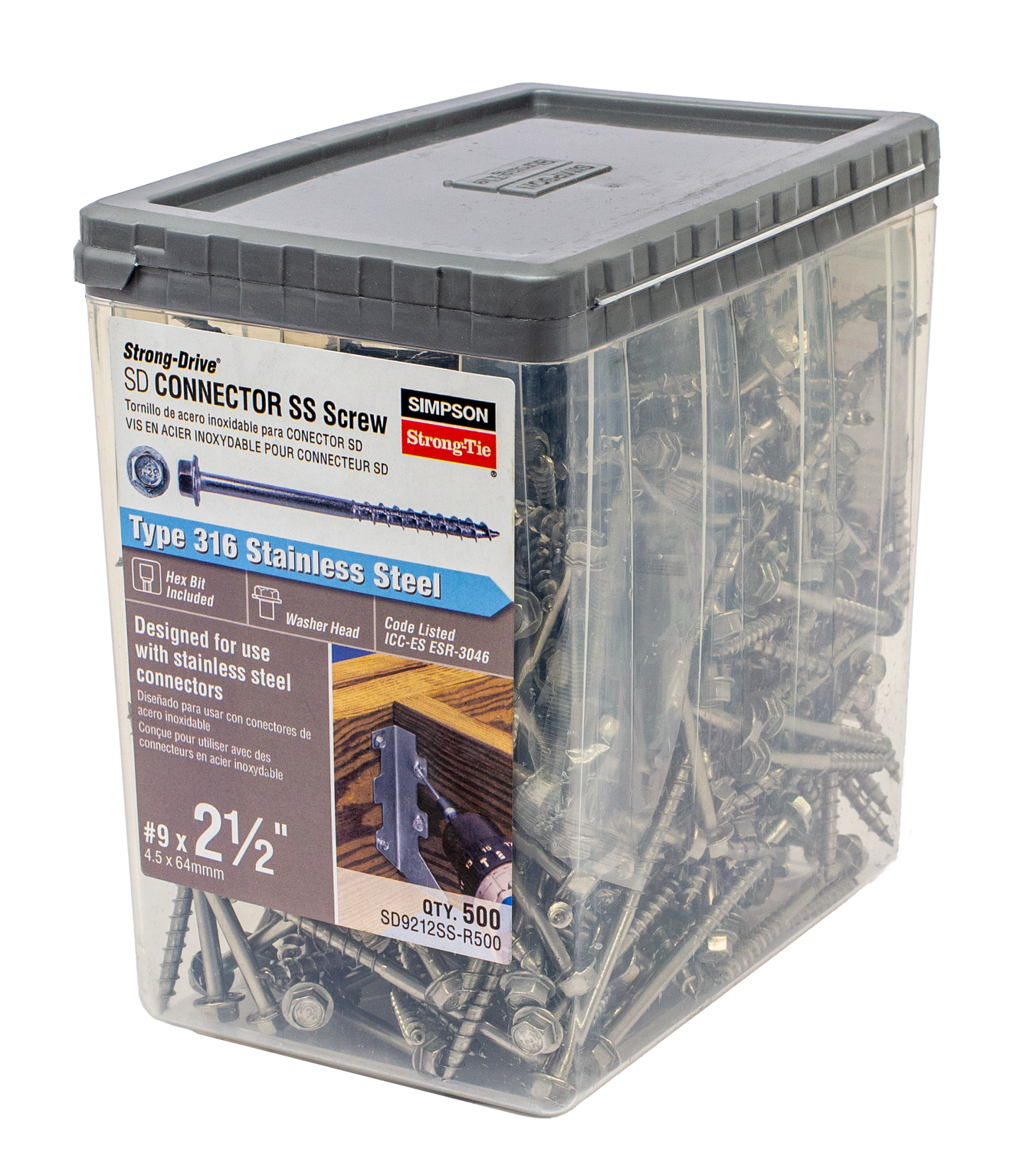 Simpson Strong-Tie SD9212SS-R500 Strong-Drive® SD CONNECTOR SS Screw — #9 x 2-1/2 in. 1/4-Hex Drive, Type 316 (500-Qty)