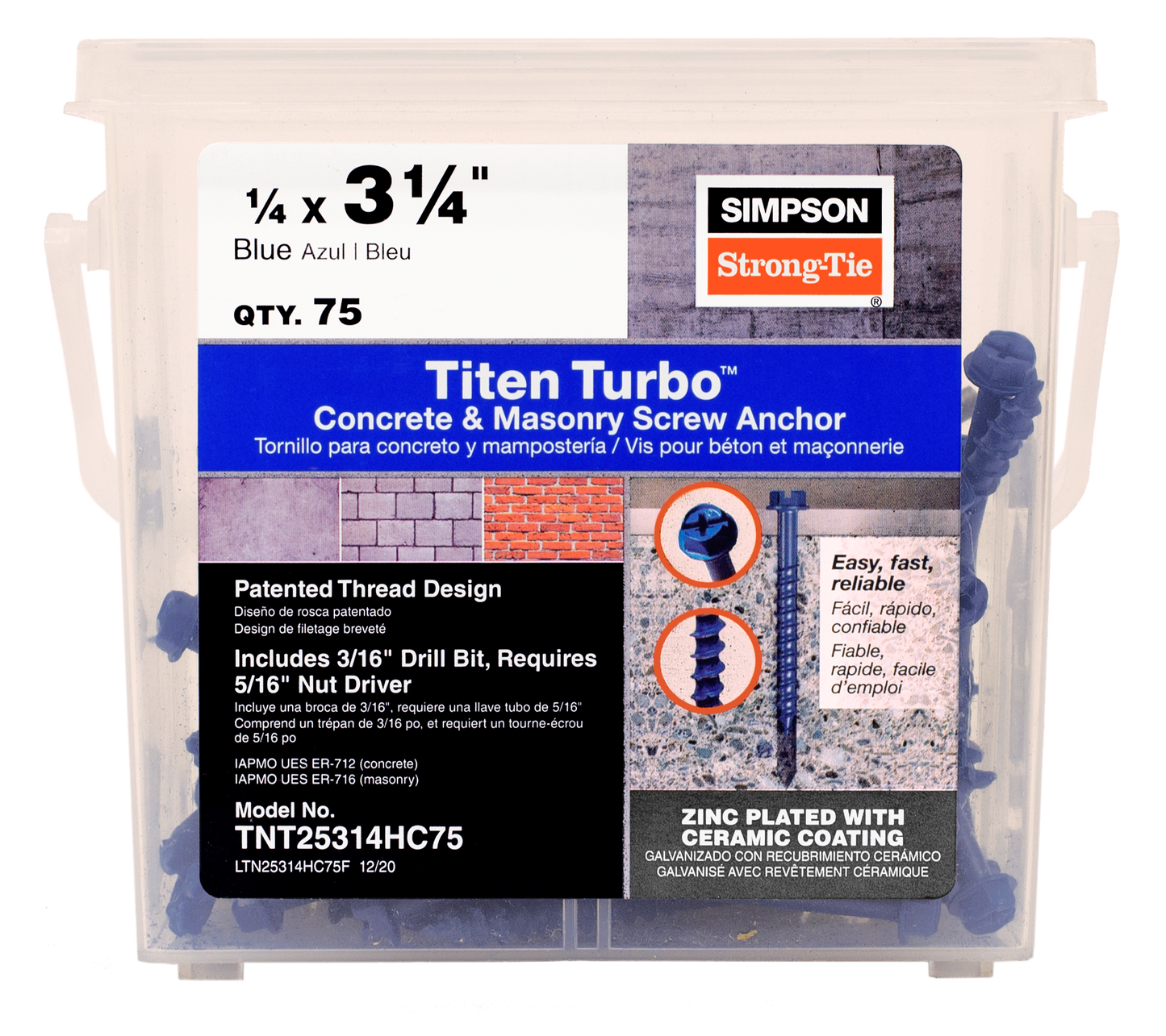 Simpson Strong-Tie TNT25314HC75 Titen Turbo™ — 1/4 in. x 3-1/4 in. Hex-Head Concrete and Masonry Screw, Blue (75-Qty) (Pack of 336)