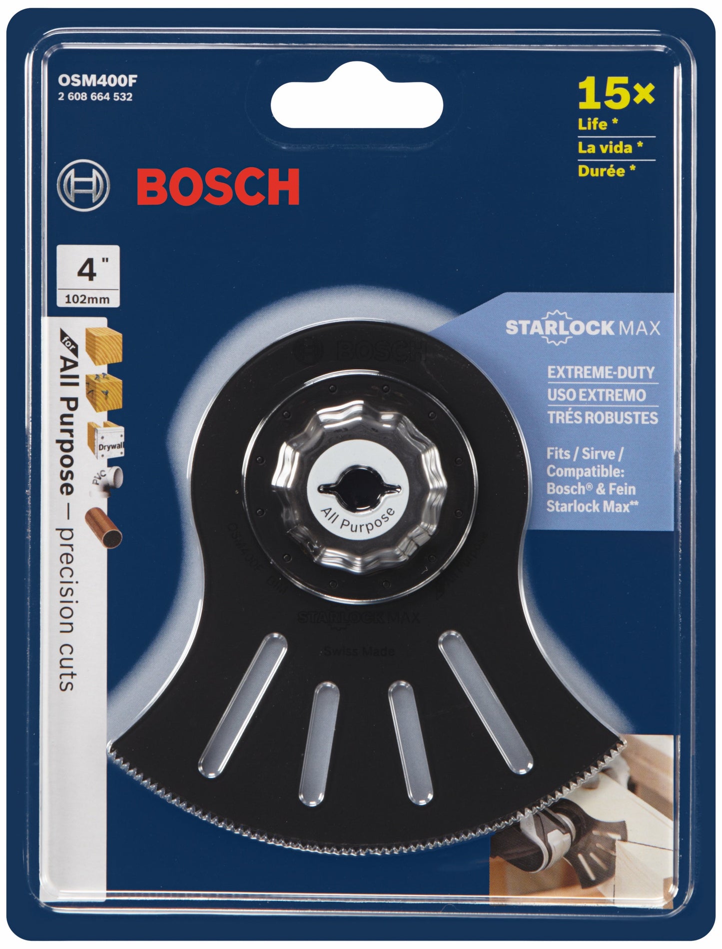Hoja de sierra segmentada bimetálica StarlockMax® multiherramienta oscilante BOSCH OSM400F de 4 pulgadas