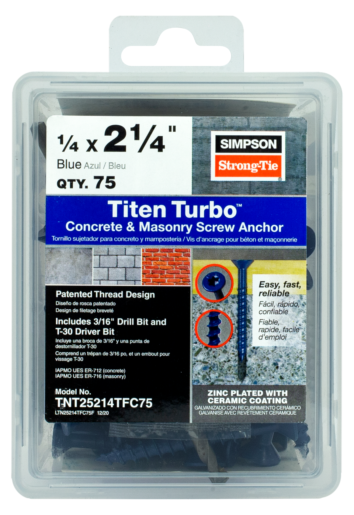 Simpson Strong-Tie TNT25214TFC75 Titen Turbo™ — 1/4 in. x 2-1/4 in. 6-Lobe Flat-Head Concrete and Masonry Screw, Blue (75-Qty) (Pack of 1152)