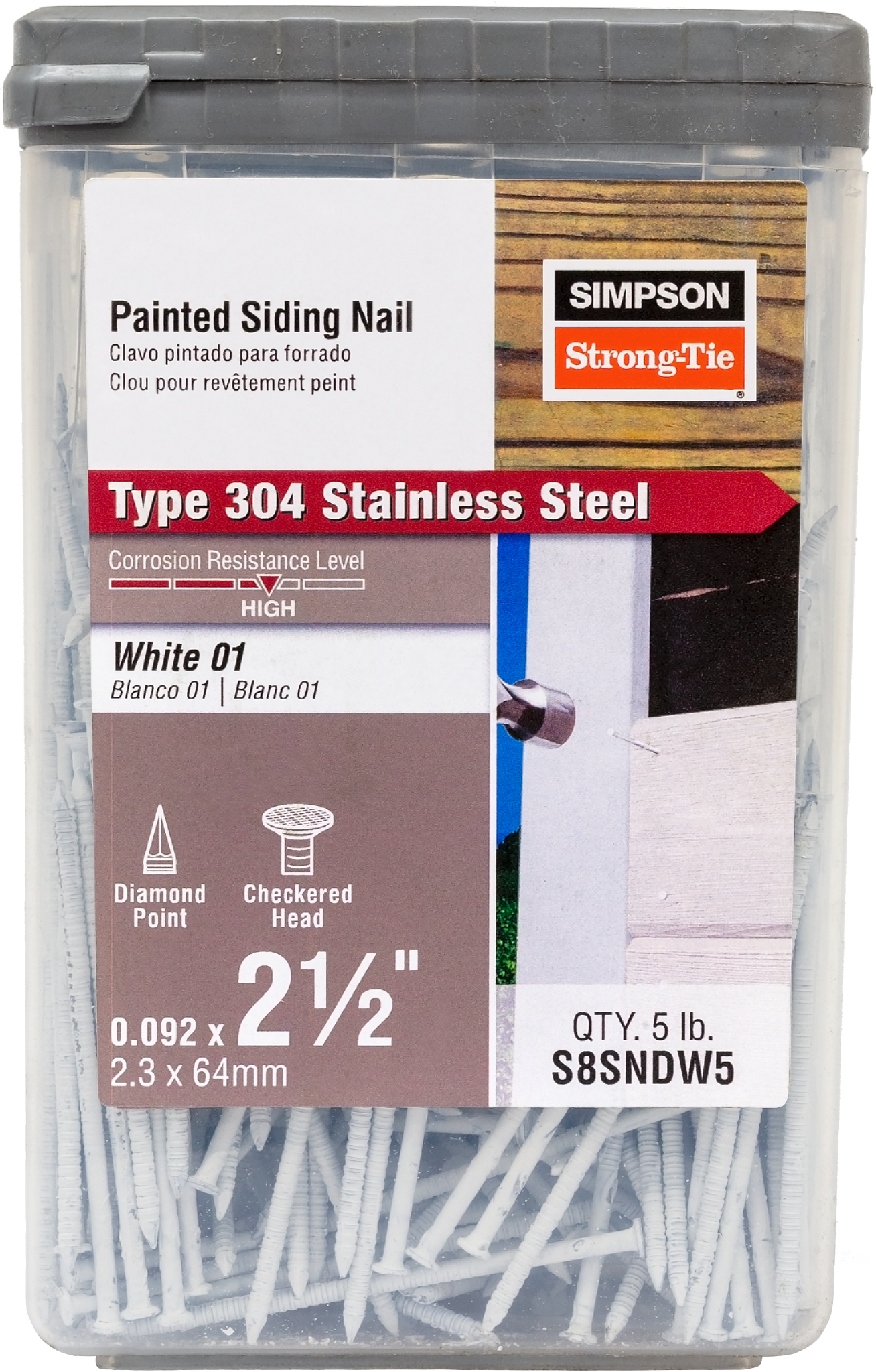 Simpson Strong-Tie S8SNDW5 Painted Siding Nail — 2-1/2 in. x .092 in. Type 304 Stainless Steel, White (5 lb.)