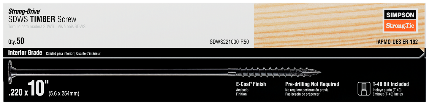 Simpson Strong-Tie SDWS221000-R50 Strong-Drive® SDWS™ TIMBER Screw (Interior) — 0.220 in. x 10 in. E-coat® (50-Qty) (Pack of 6)