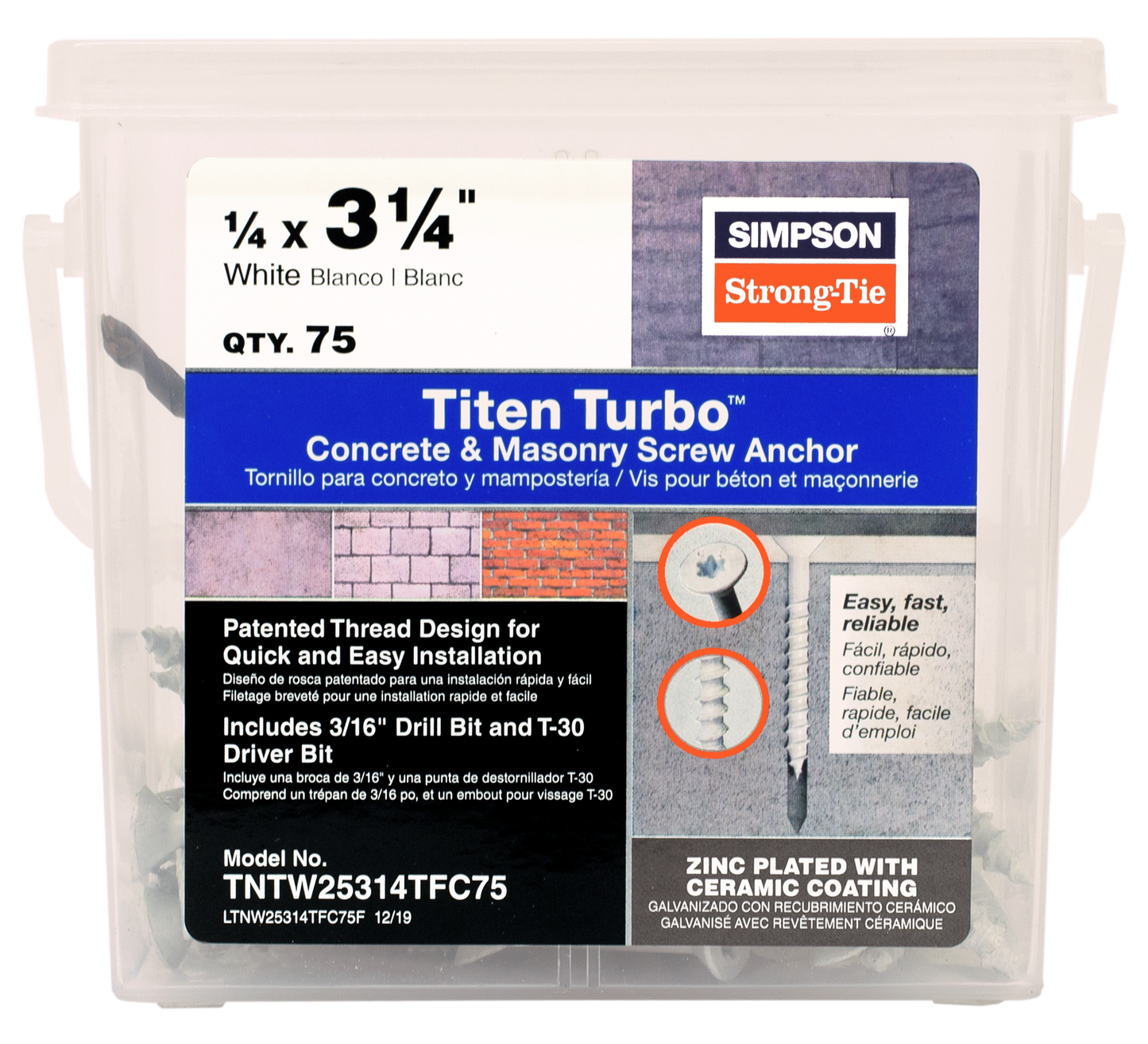 Simpson Strong-Tie TNTW25314TFC75 Titen Turbo™ — 1/4 in. x 3-1/4 in. 6-Lobe Flat-Head Concrete and Masonry Screw, White (75-Qty)