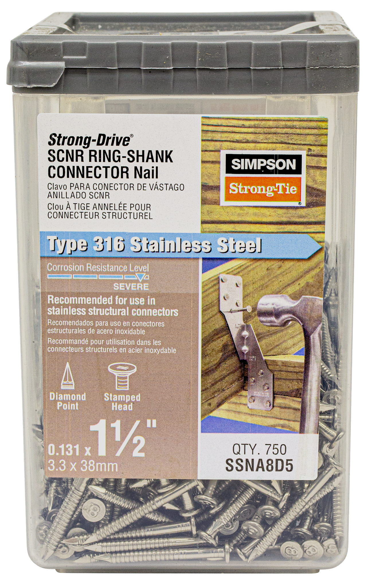 Simpson Strong-Tie SSNA8D5 Strong-Drive® SCNR™ RING-SHANK CONNECTOR Nail — 1-1/2 in. x .131 in. Type 316 (750-Qty) (Pack of 6)