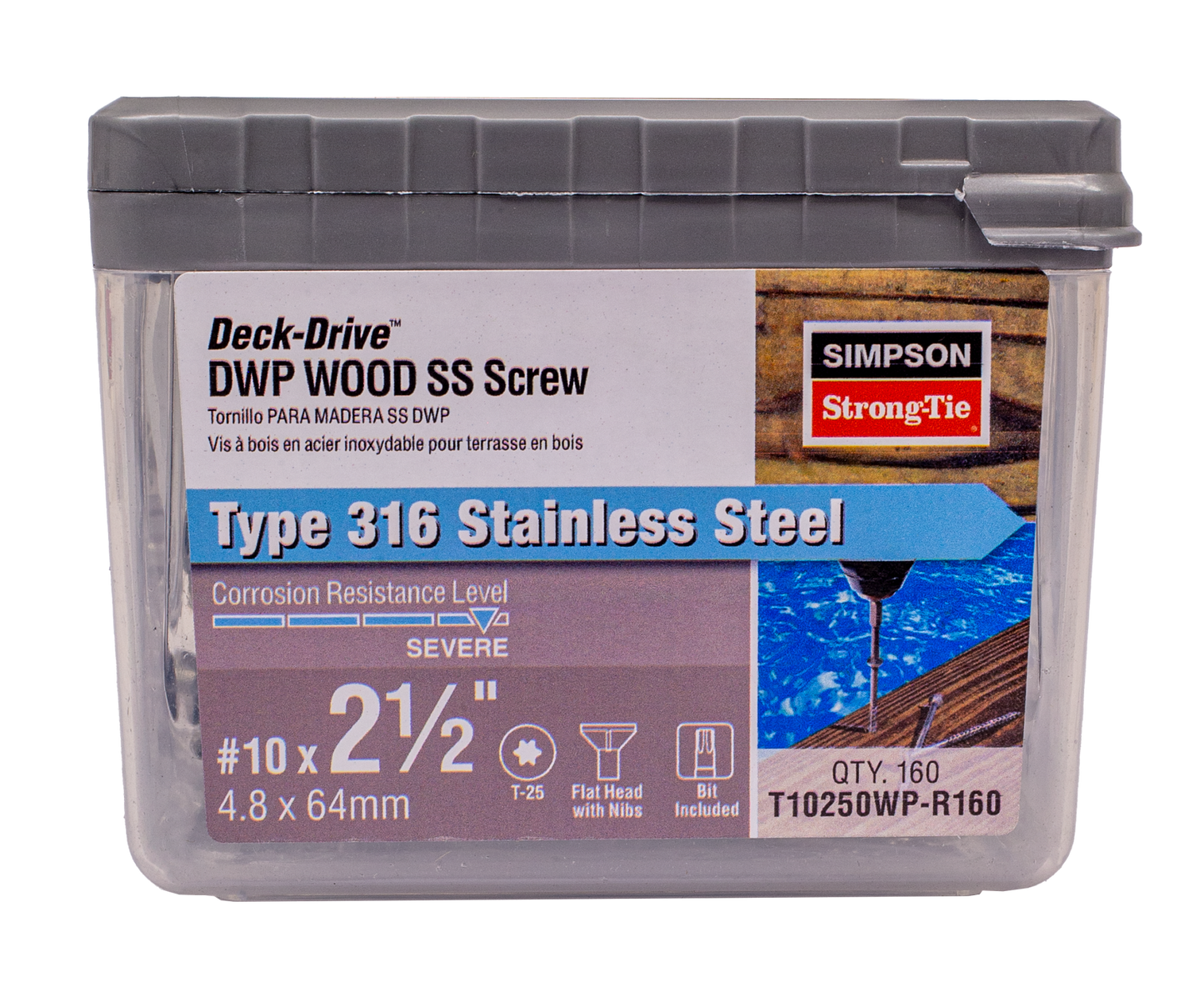 Simpson Strong-Tie T10250WP-R160 Deck-Drive™ DWP WOOD SS Screw — #10 x 2-1/2 in. T25, Flat Head, Type 316 (160-Qty) (Pack of 792)