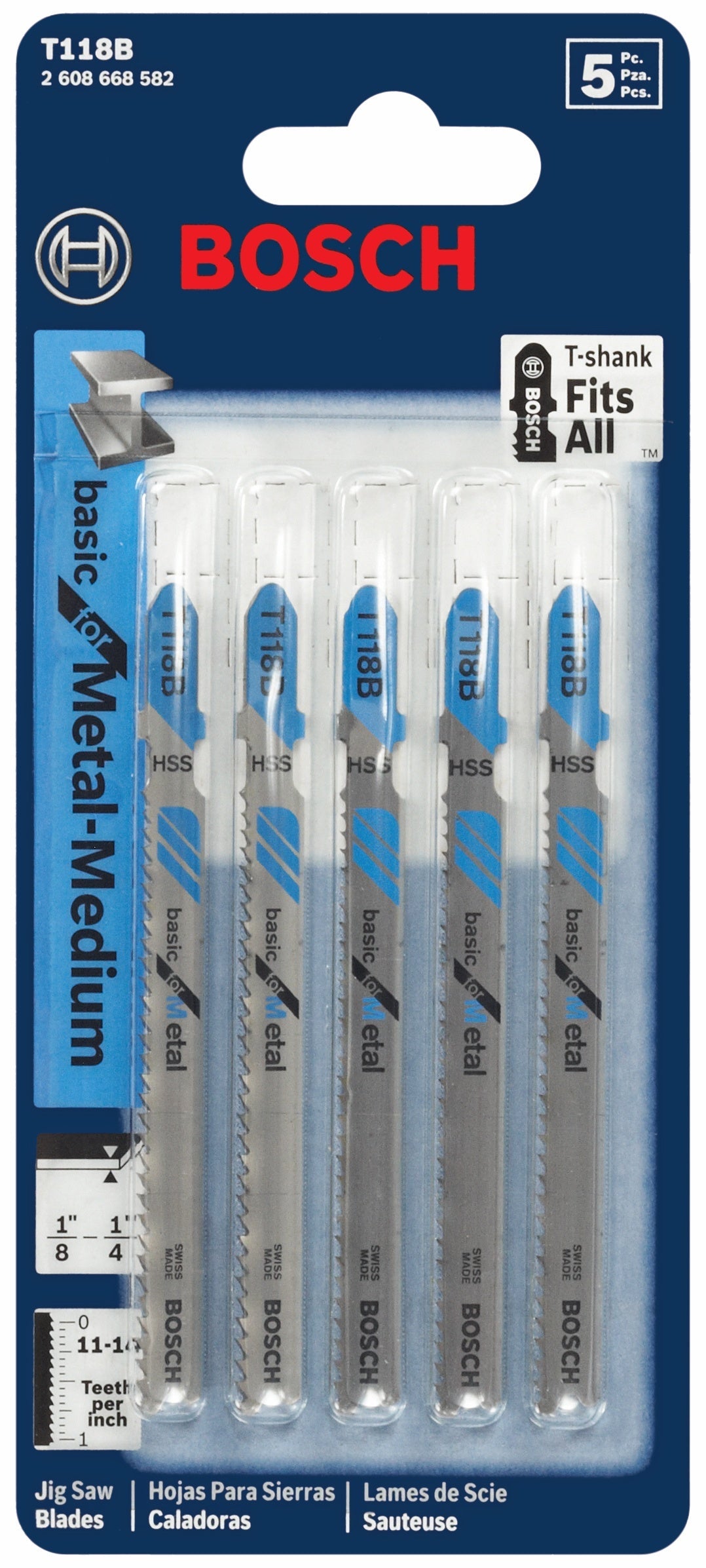 Hojas de sierra caladora BOSCH T118B de 5 piezas, 3-5/8 pulg., 11-14 dientes por pulgada, básicas para metal, con vástago en T