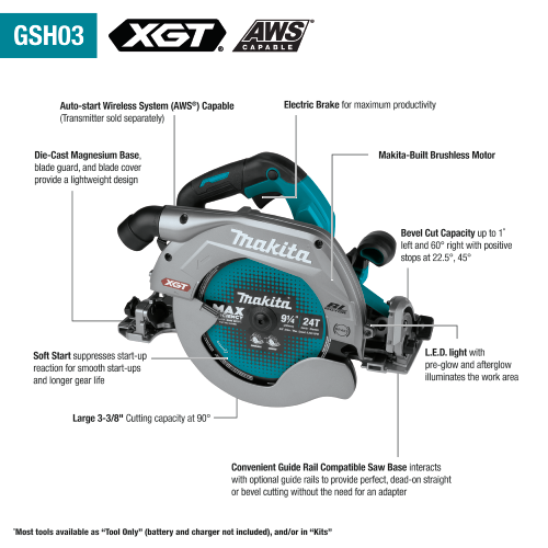 Makita GSH03Z 40V max XGT® 9-1/4" Circular Saw, guide rail compatible base, AWS® Capable (Tool Only)